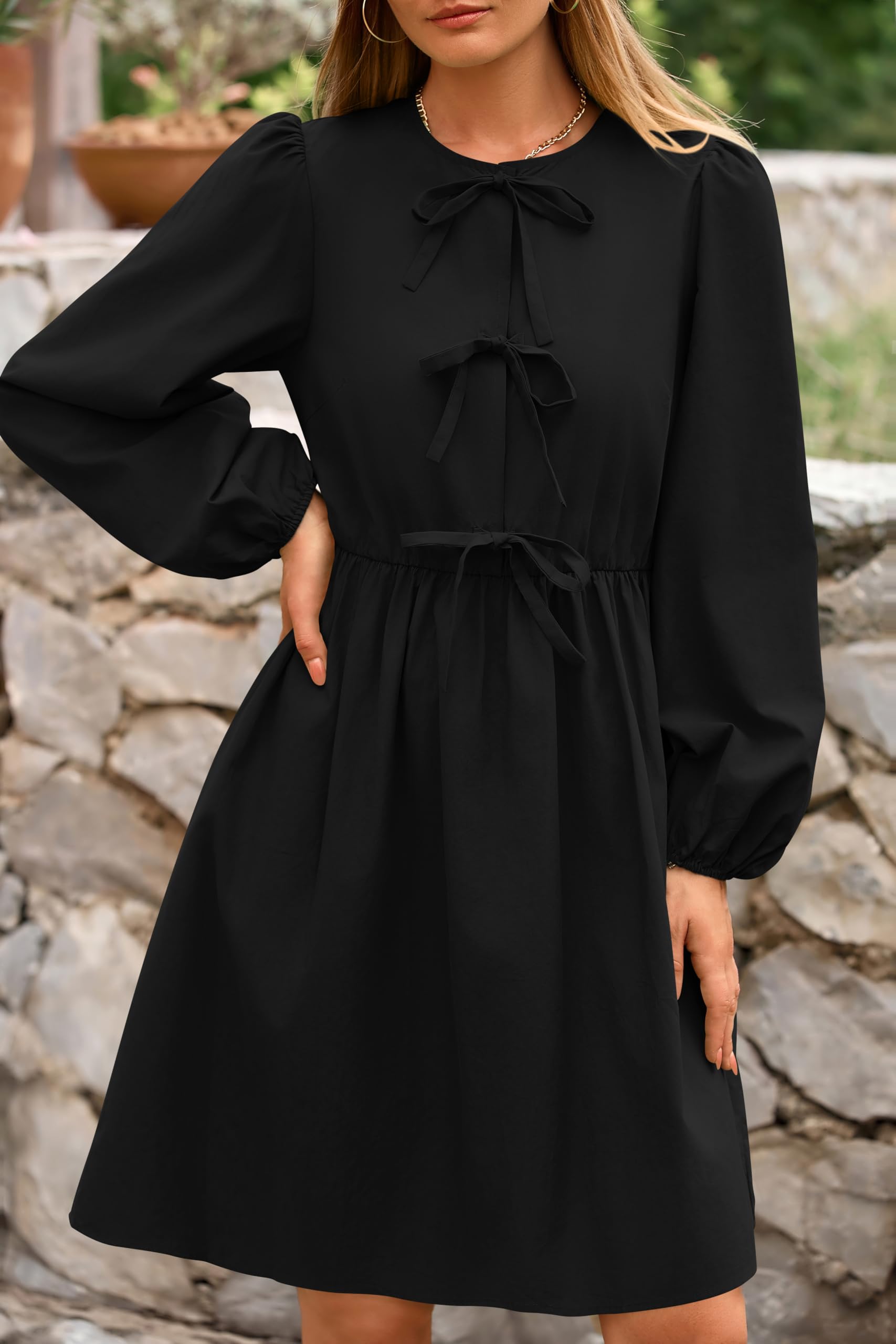 Foto 4 | Vestido Corto Casual Btfbm 2025 Con Pajarita En La Parte Delantera Y Manga Abullonada Para Mujer - Venta Internacional.