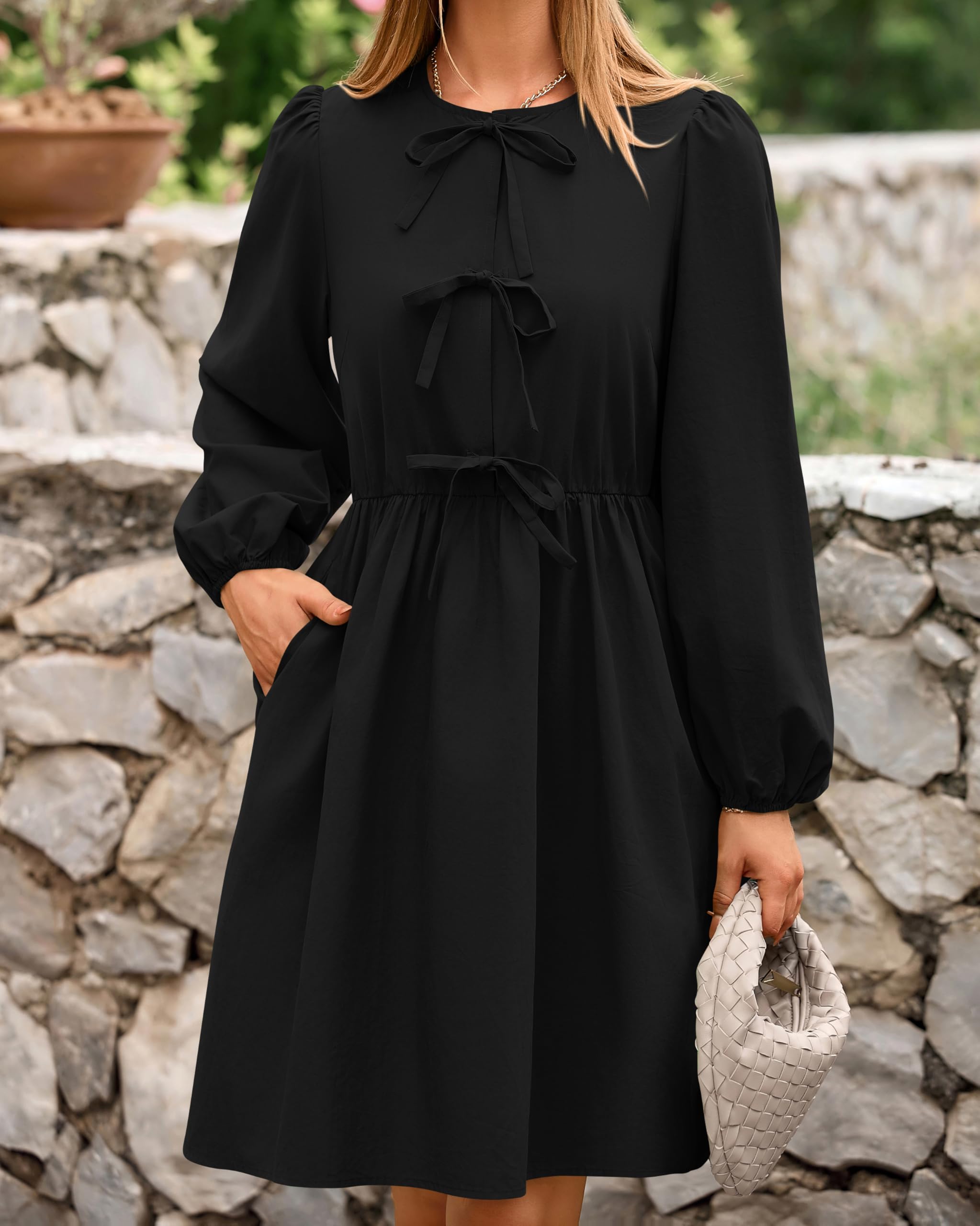 Foto 5 | Vestido Corto Casual Btfbm 2025 Con Pajarita En La Parte Delantera Y Manga Abullonada Para Mujer - Venta Internacional.
