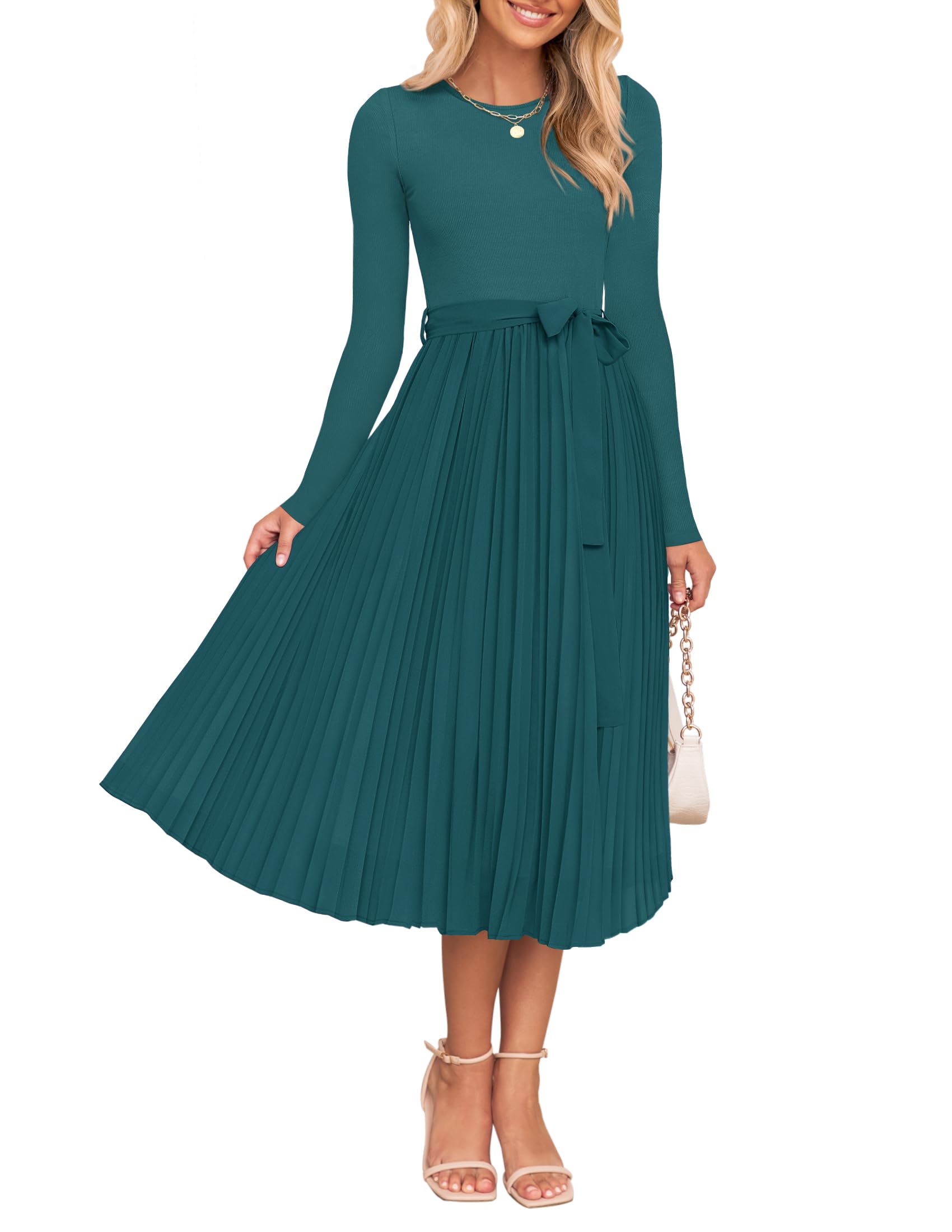 Foto 2 pulgar | Vestido Midi Zesica Para Mujer, Manga Larga, De Otoño, Punto, Verde Azulado - Venta Internacional.