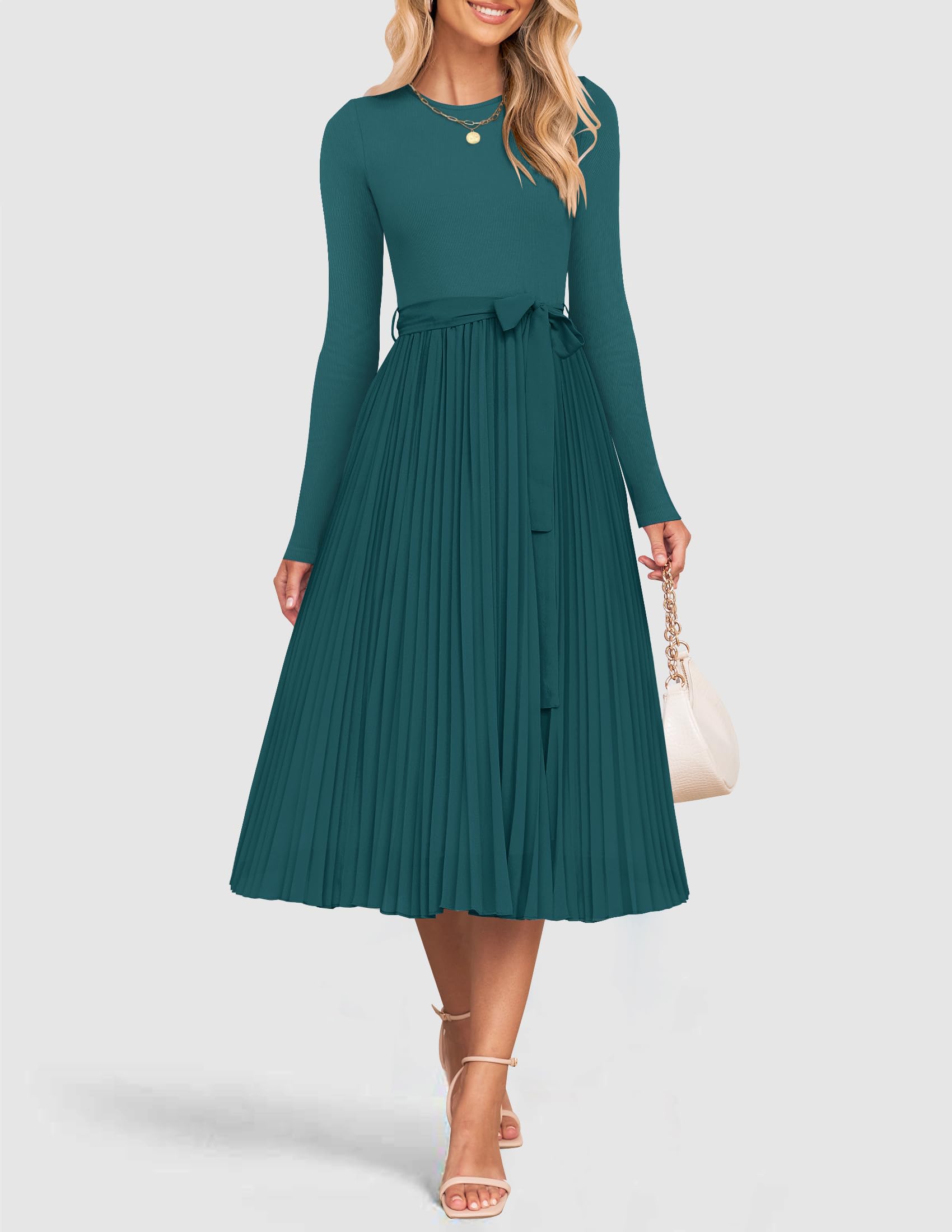 Foto 3 pulgar | Vestido Midi Zesica Para Mujer, Manga Larga, De Otoño, Punto, Verde Azulado - Venta Internacional.