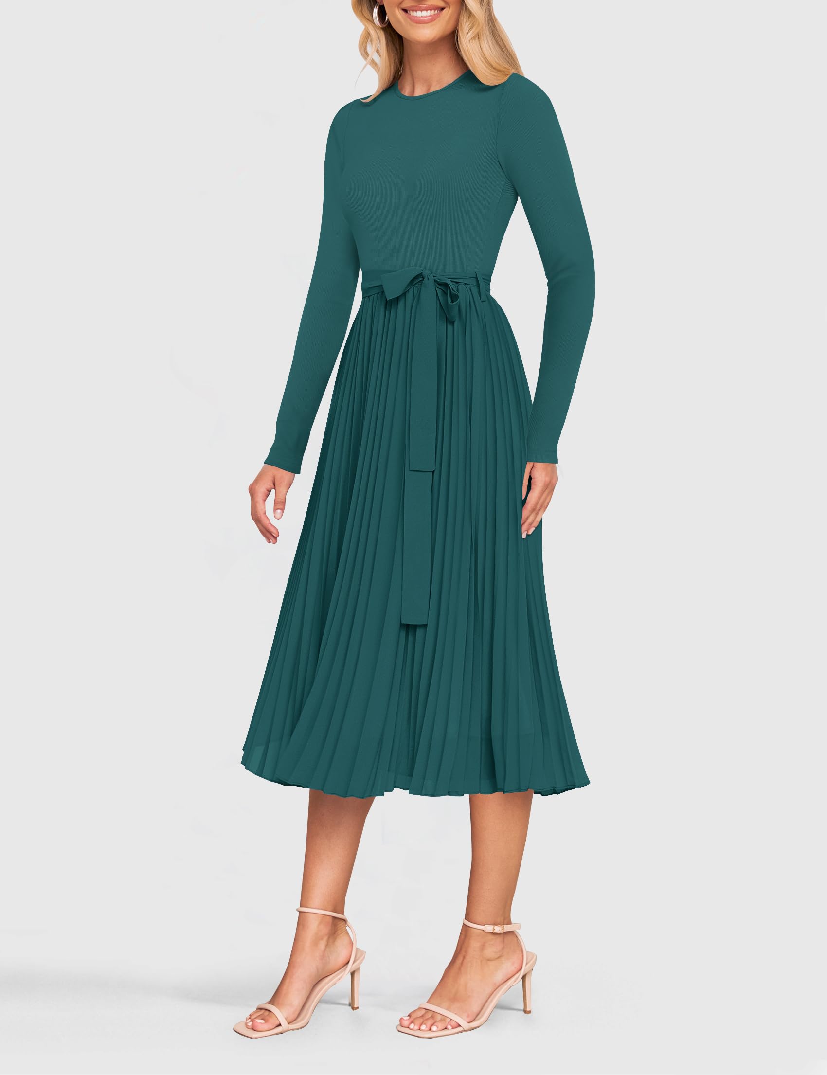 Foto 4 pulgar | Vestido Midi Zesica Para Mujer, Manga Larga, De Otoño, Punto, Verde Azulado - Venta Internacional.