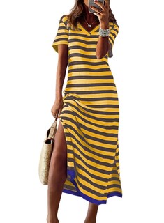 Foto 1 | Vestido Largo Dokotoo 2025 Con Cuello En V Y Manga Corta A Rayas Amarillo - Venta Internacional.