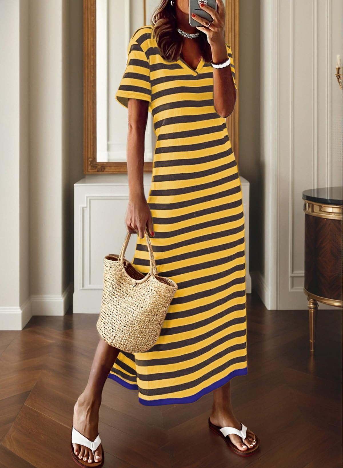 Foto 2 | Vestido Largo Dokotoo 2025 Con Cuello En V Y Manga Corta A Rayas Amarillo - Venta Internacional.