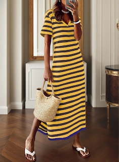 Foto 2 | Vestido Largo Dokotoo 2025 Con Cuello En V Y Manga Corta A Rayas Amarillo - Venta Internacional.