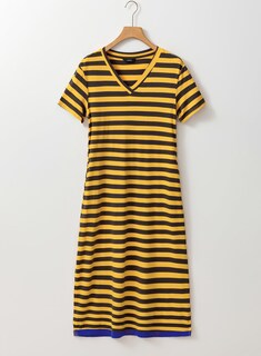 Foto 3 | Vestido Largo Dokotoo 2025 Con Cuello En V Y Manga Corta A Rayas Amarillo - Venta Internacional.