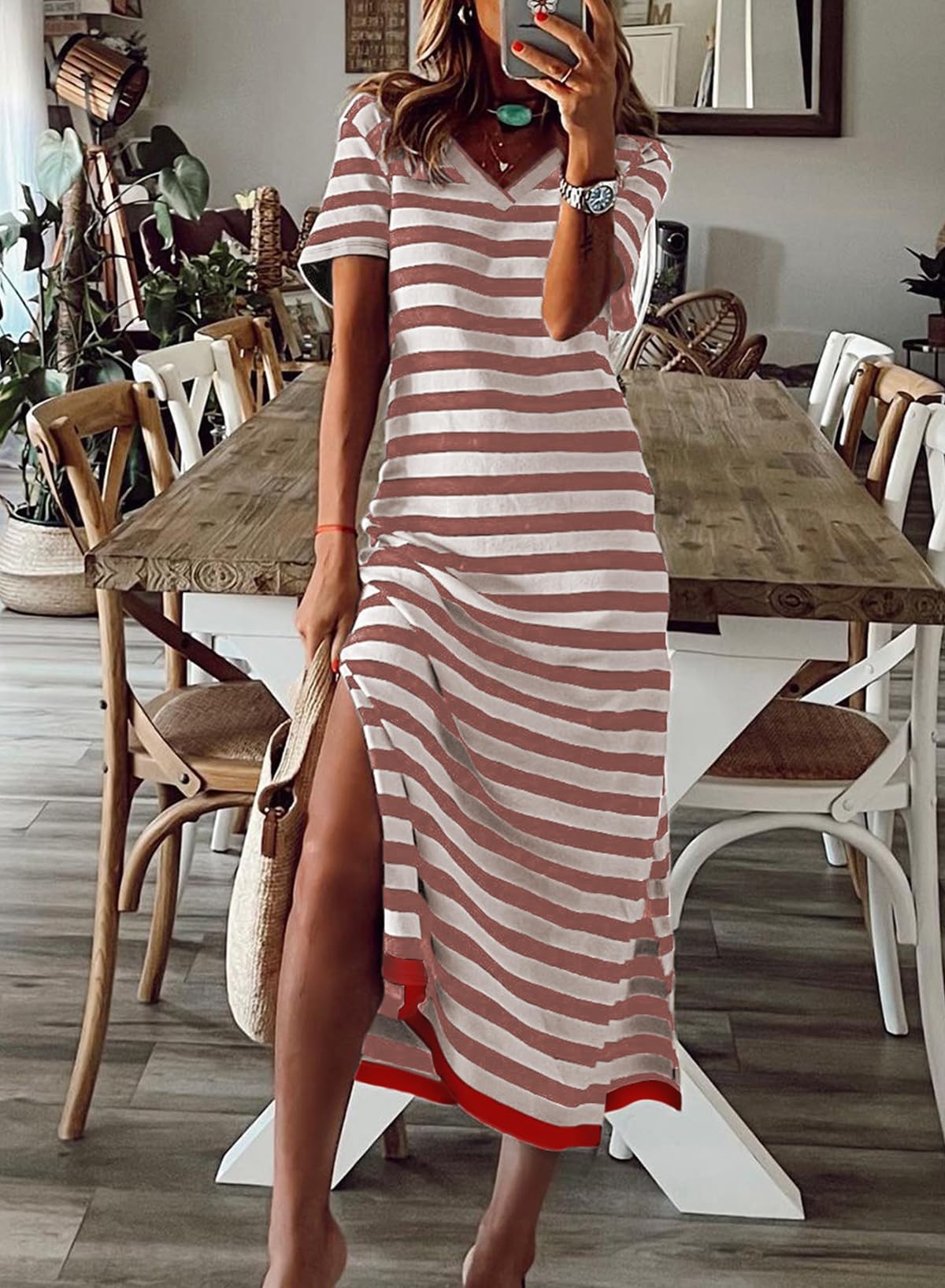 Foto 4 | Vestido Largo Dokotoo 2025 Con Cuello En V Y Manga Corta A Rayas Rojo - Venta Internacional.