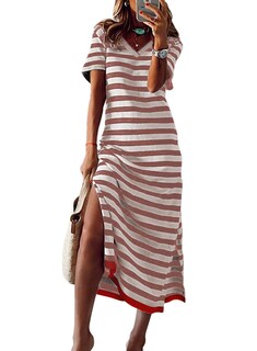 Foto 5 | Vestido Largo Dokotoo 2025 Con Cuello En V Y Manga Corta A Rayas Rojo - Venta Internacional.