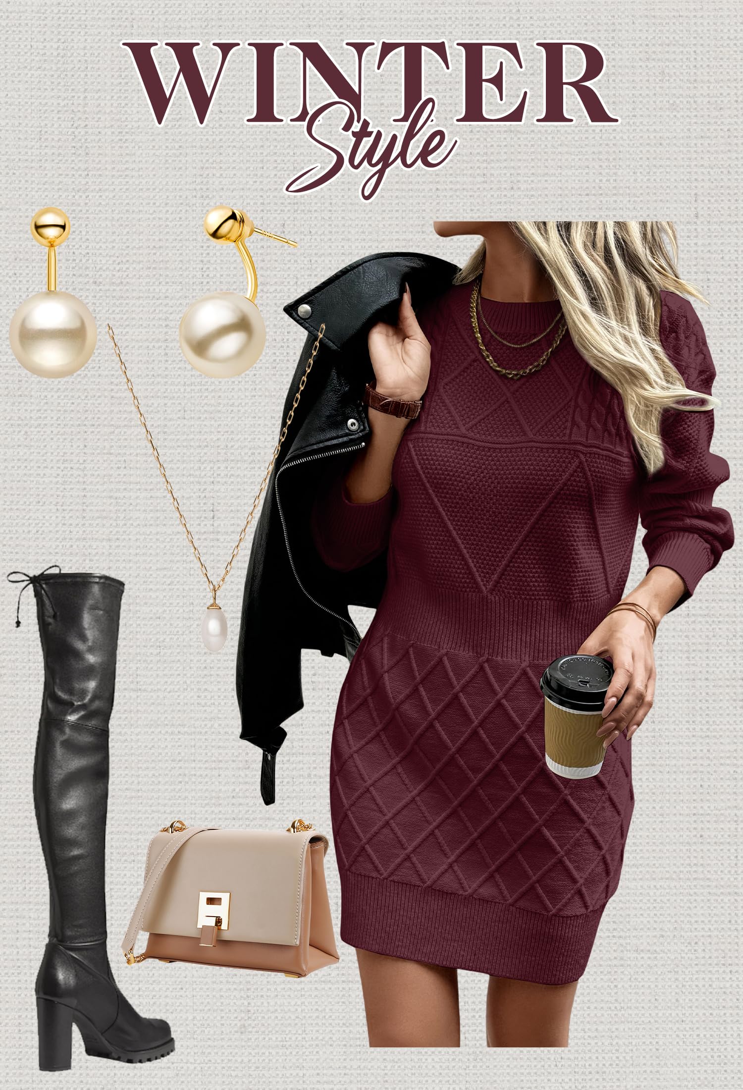 Foto 6 | Vestido Tipo Suéter Angashion 2025 Otoño-invierno Para Mujer, Color Rojo Vino - Venta Internacional.