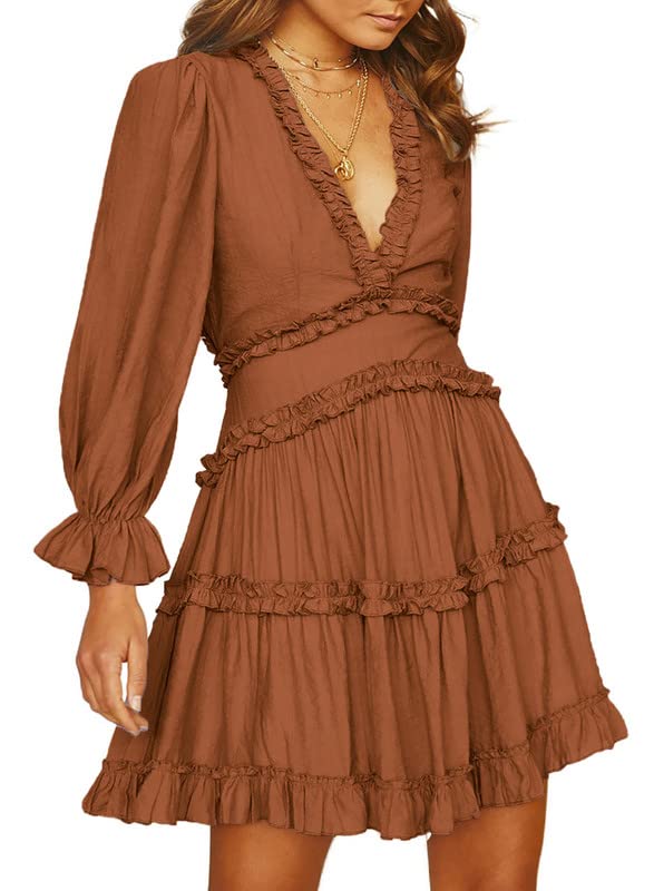 Foto 2 pulgar | Vestido Dokotoo Con Estampado Floral De Chifón, Cuello En V Y Volantes, Manga Larga, Marrón - Venta Internacional.