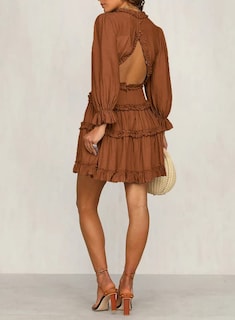 Foto 2 | Vestido Dokotoo Con Estampado Floral De Chifón, Cuello En V Y Volantes, Manga Larga, Marrón - Venta Internacional.
