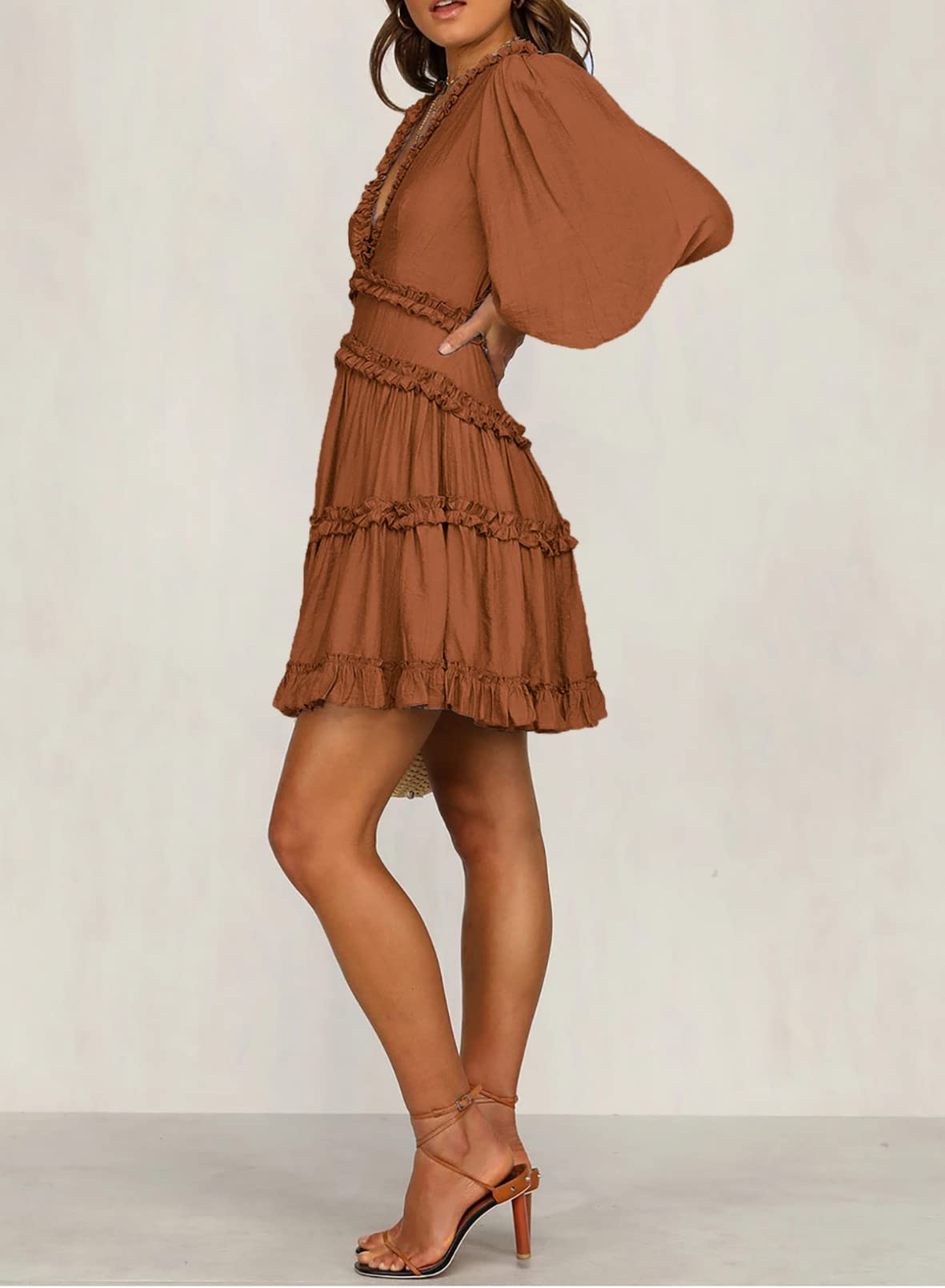 Foto 3 | Vestido Dokotoo Con Estampado Floral De Chifón, Cuello En V Y Volantes, Manga Larga, Marrón - Venta Internacional.