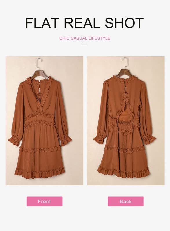 Foto 7 | Vestido Dokotoo Con Estampado Floral De Chifón, Cuello En V Y Volantes, Manga Larga, Marrón - Venta Internacional.