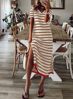 Foto 2 | Vestido De Verano Dokotoo 2025 Con Cuello En V Y Manga Corta A Rayas Para Mujer - Venta Internacional.