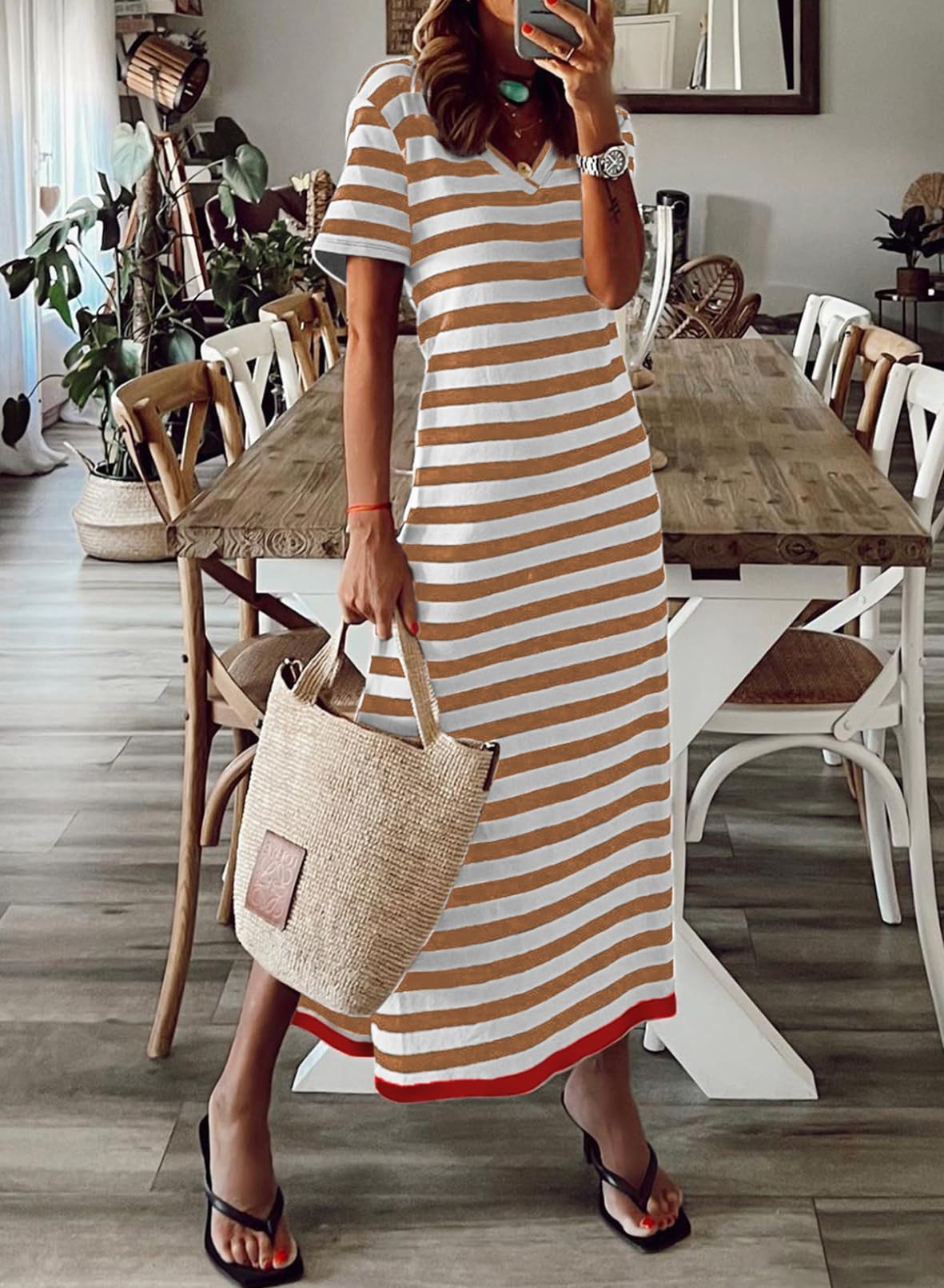 Foto 4 pulgar | Vestido De Verano Dokotoo 2025 Con Cuello En V Y Manga Corta A Rayas Para Mujer - Venta Internacional.