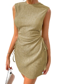 Foto 1 | Vestido Acelit Con Corte En Miniatura Con Cordón, Fruncido, Sin Mangas, Color Caqui - Venta Internacional.