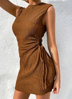 Foto 3 | Vestido Acelit Corto Con Cordón Recortado Para Invitada A La Boda, Marrón - Venta Internacional.