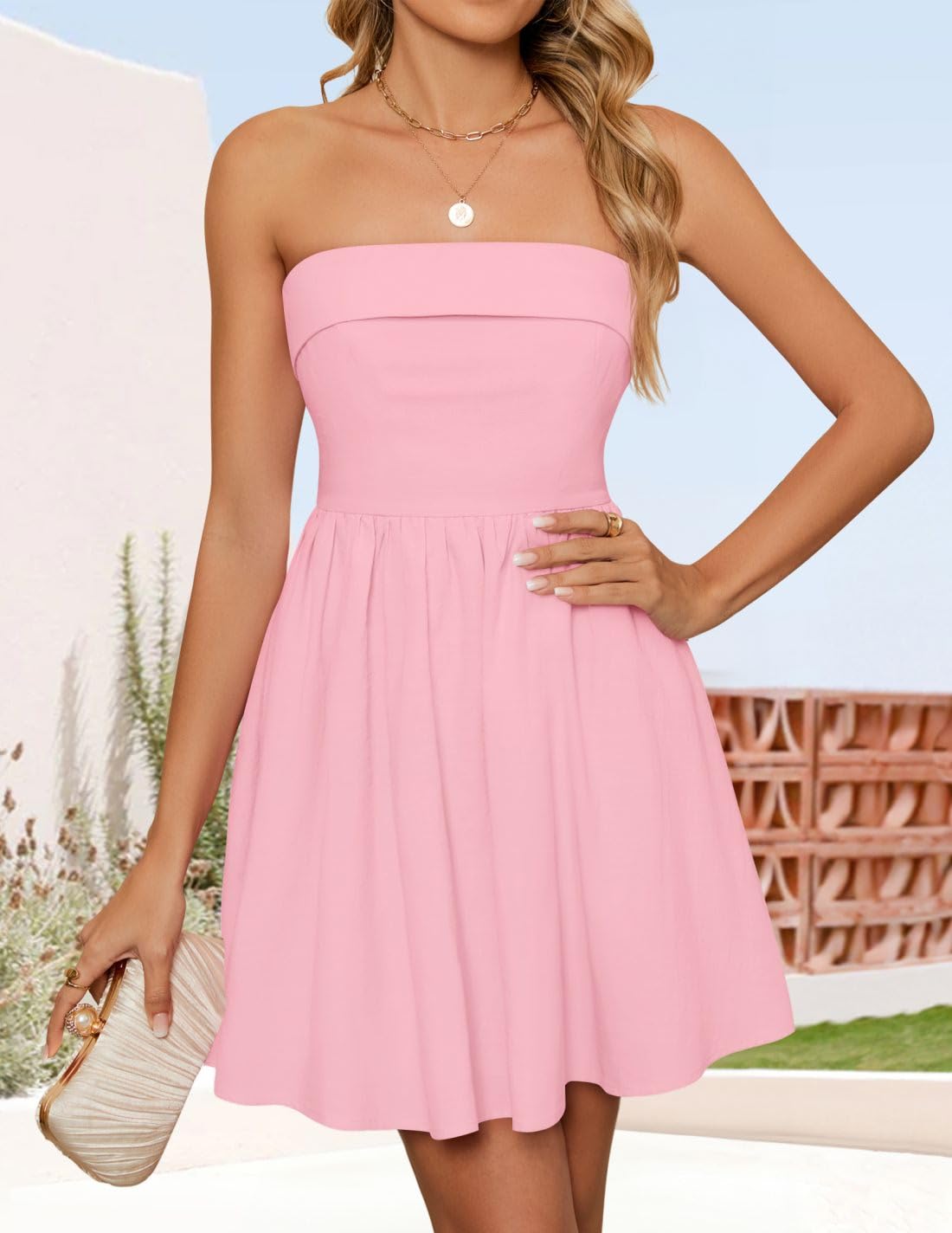 Foto 3 pulgar | Vestido Zesica Summer Strapless Mini 2025 Con Hombros Descubiertos Rosa - Venta Internacional.