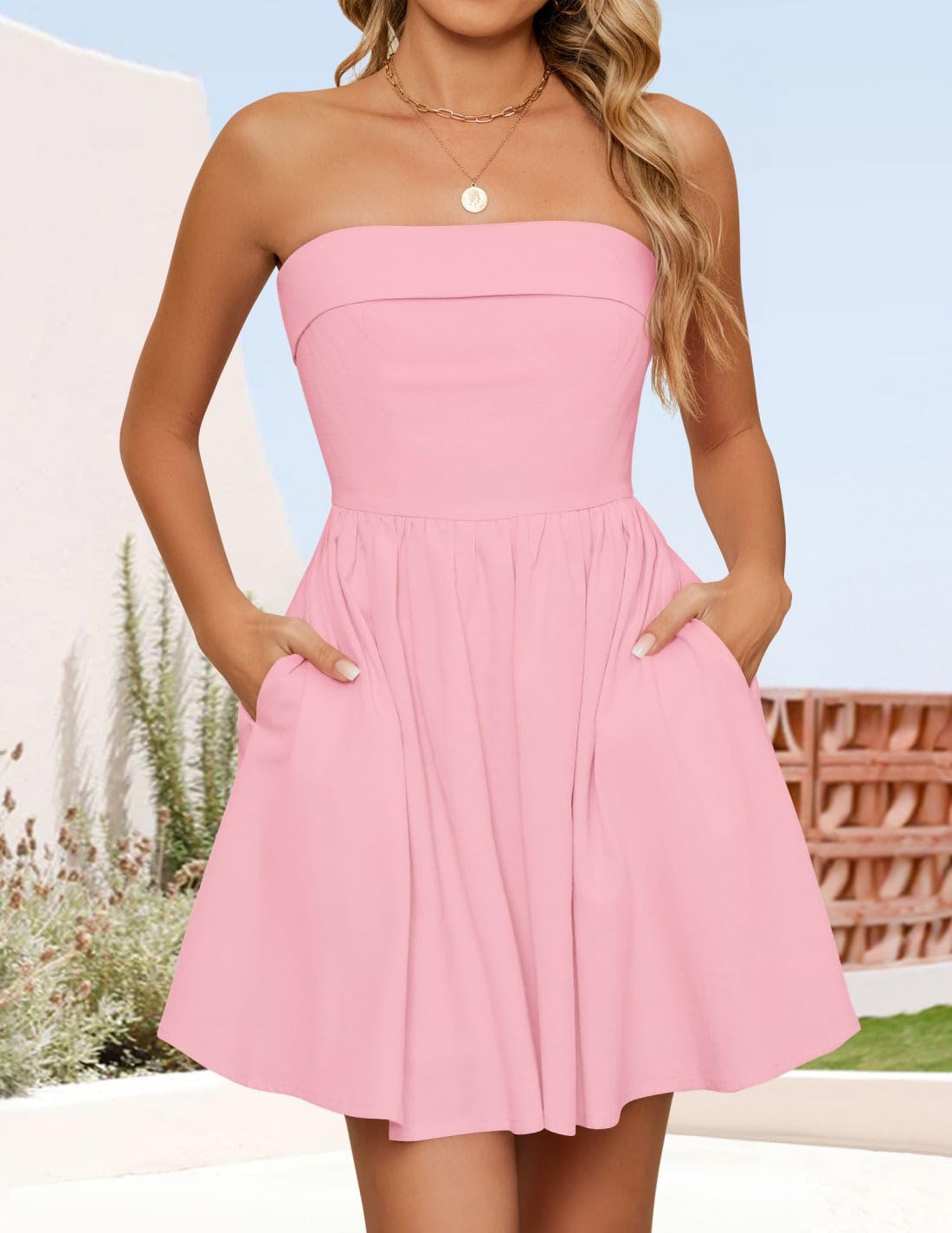 Foto 4 pulgar | Vestido Zesica Summer Strapless Mini 2025 Con Hombros Descubiertos Rosa - Venta Internacional.