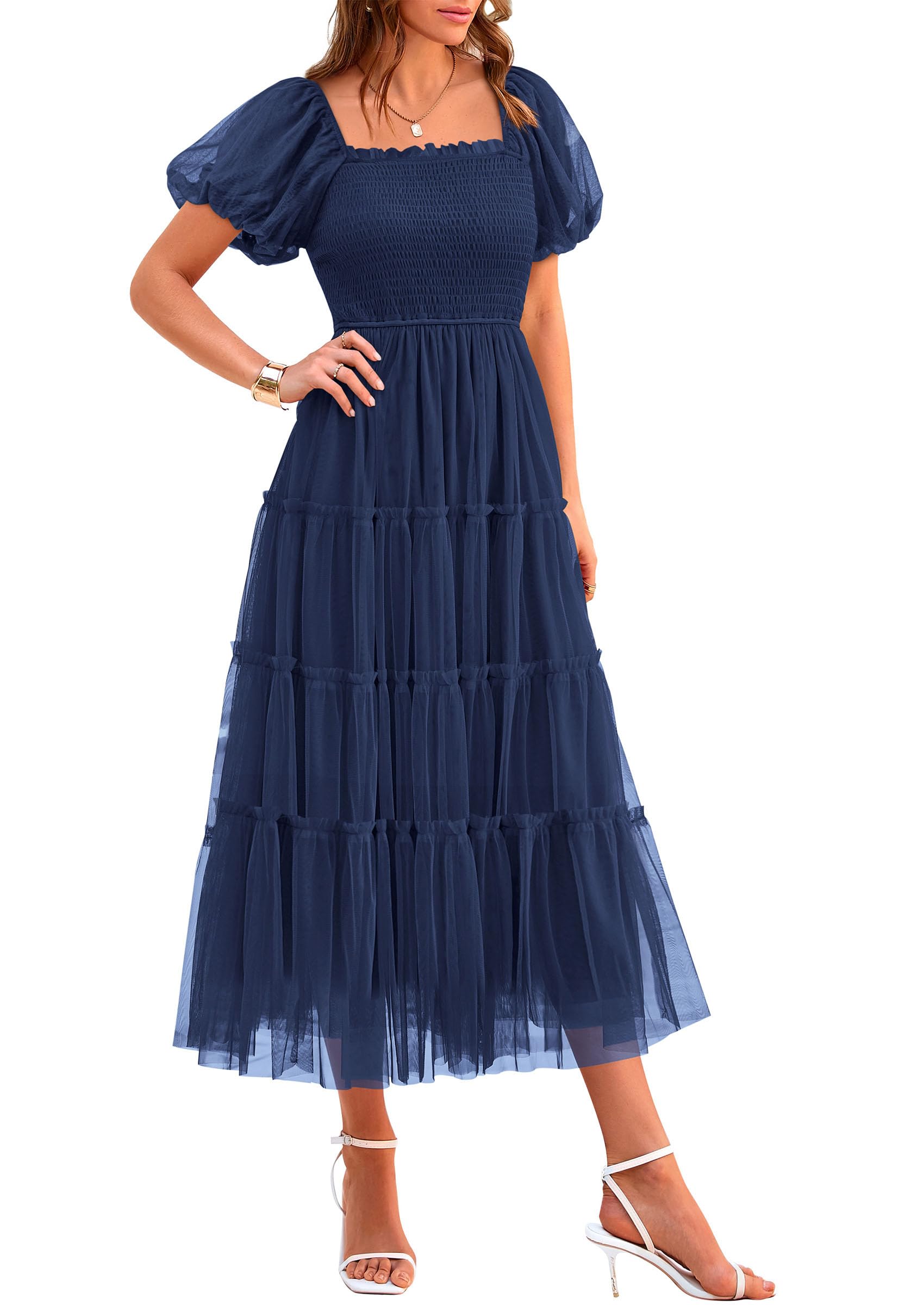 Foto 2 pulgar | Vestido Prettygarden De Tul Midi Fruncido 2025 Azul Marino Para Mujer - Venta Internacional.