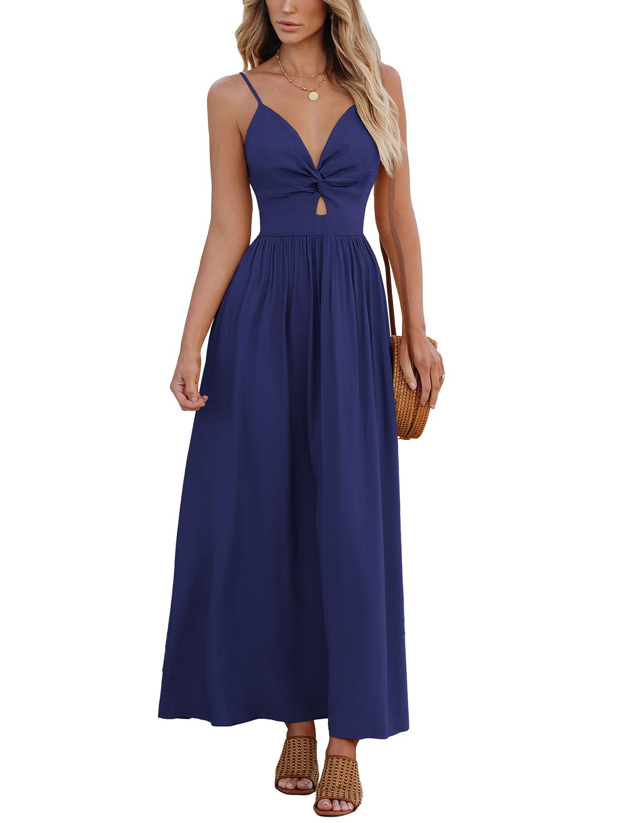 Vestido Cupshe Para Mujer, Cuello En V, Maxi Sol, Azul Marino, Talla L - Venta Internacional.