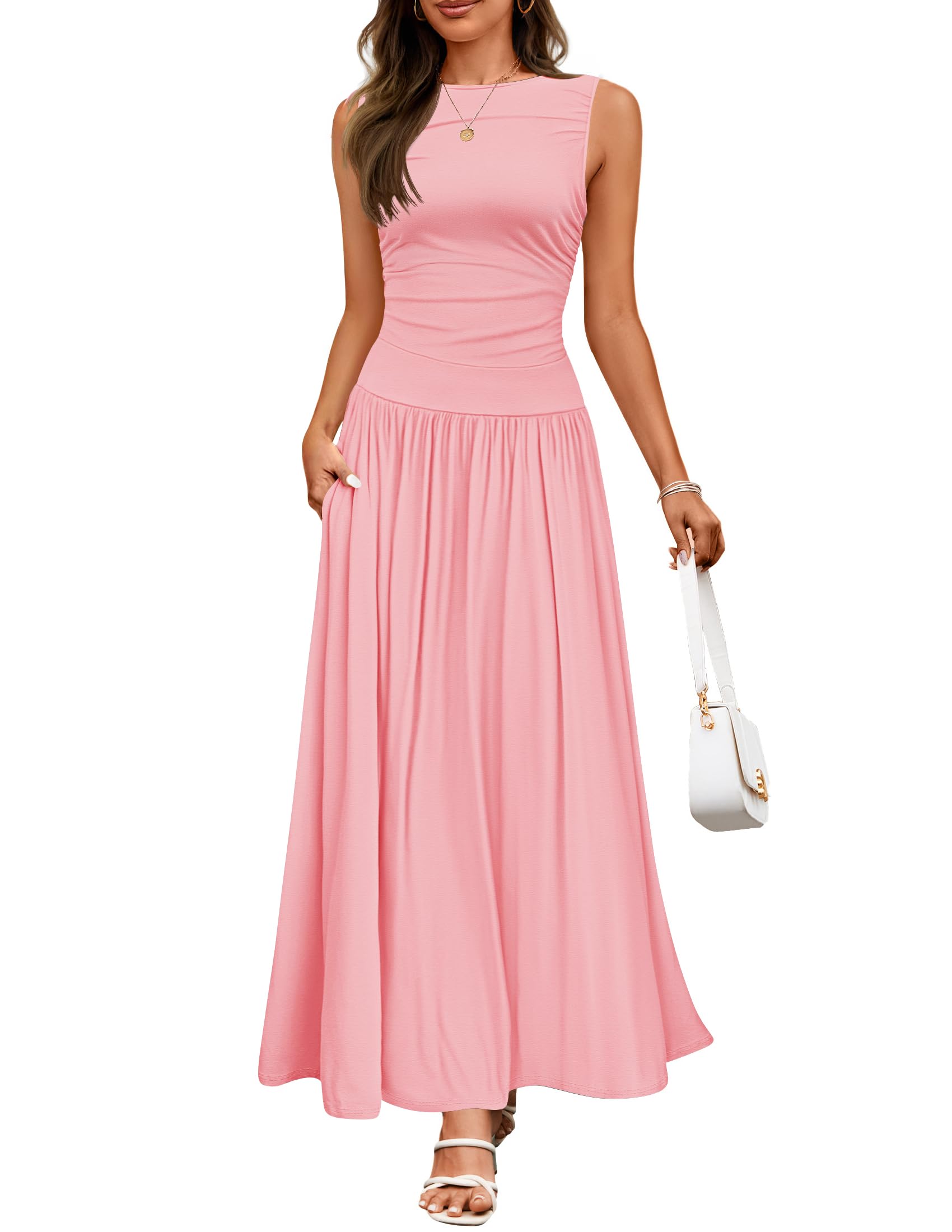 Foto 1 | Vestido Largo Zesica 2025 Sin Mangas Con Cuello Redondo Y Bolsillos Rosa - Venta Internacional.