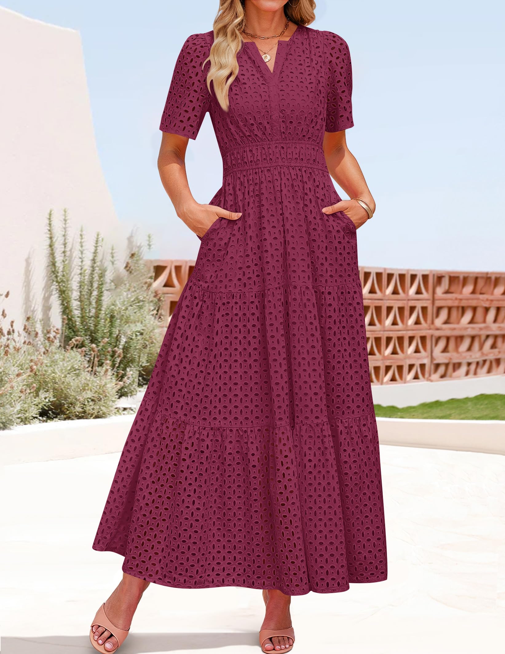 Foto 4 pulgar | Vestido Largo Zesica 2025 De Verano Con Manga Corta Y Cuello En V Para Mujer - Venta Internacional.