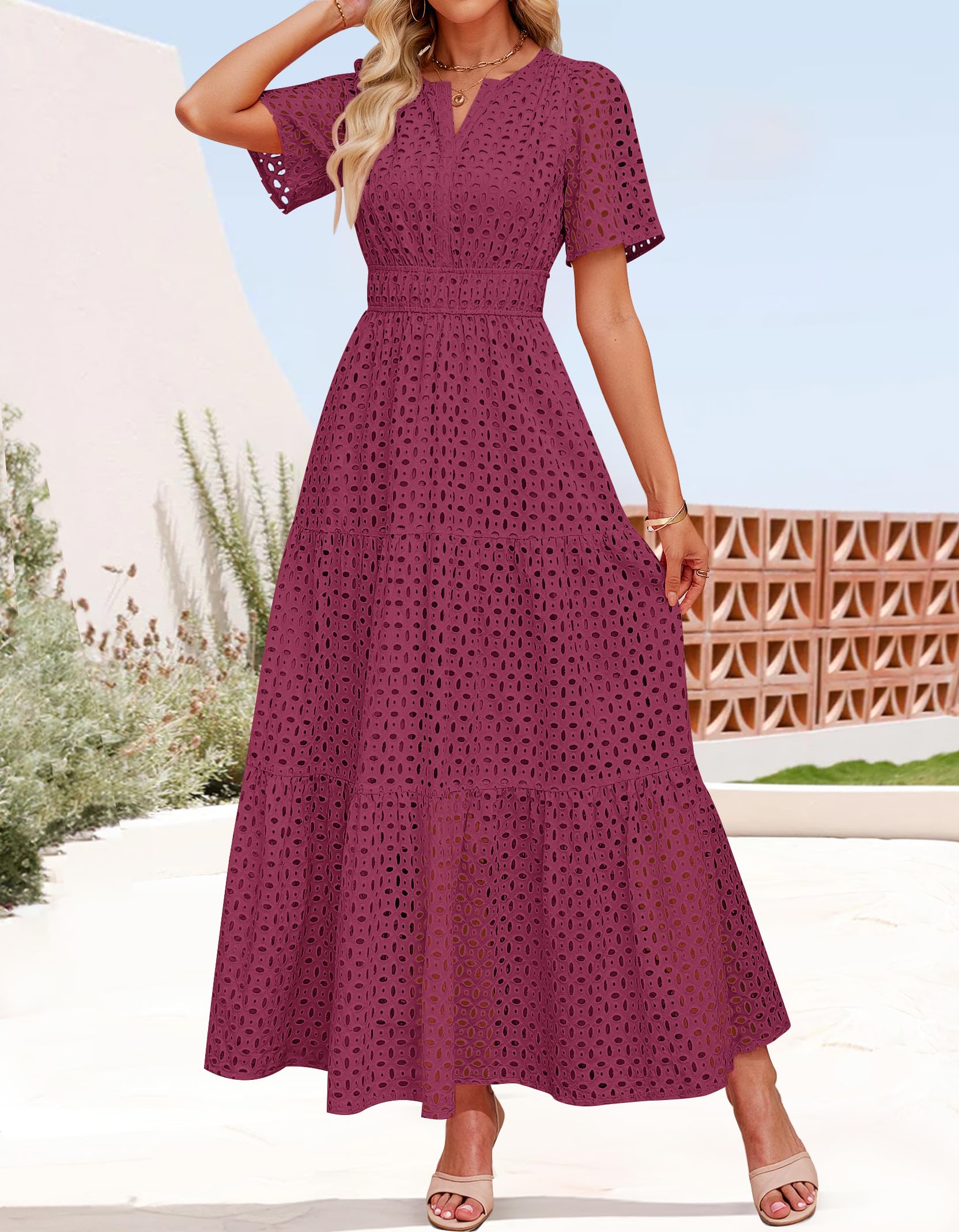 Foto 5 pulgar | Vestido Largo Zesica 2025 De Verano Con Manga Corta Y Cuello En V Para Mujer - Venta Internacional.