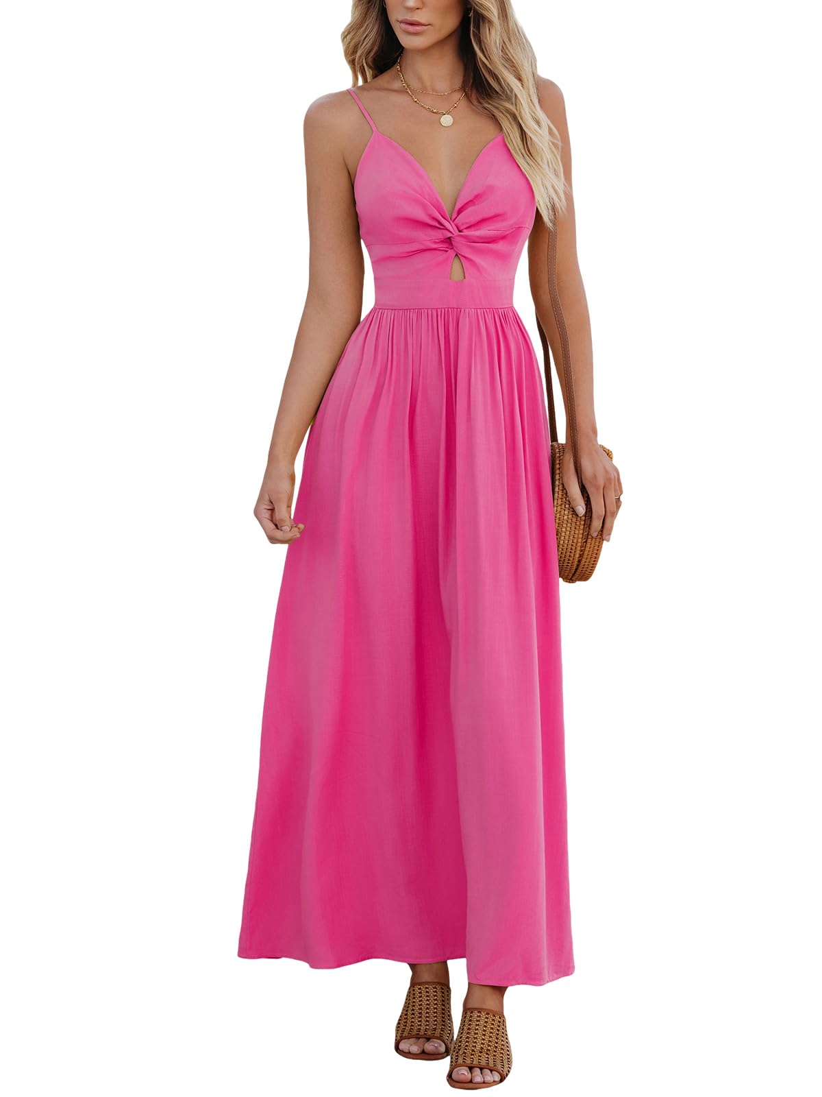 Foto 2 pulgar | Vestido Largo Cupshe Con Cuello En V Retorcido, Sin Mangas, Rayón Rosa Intenso - Venta Internacional.
