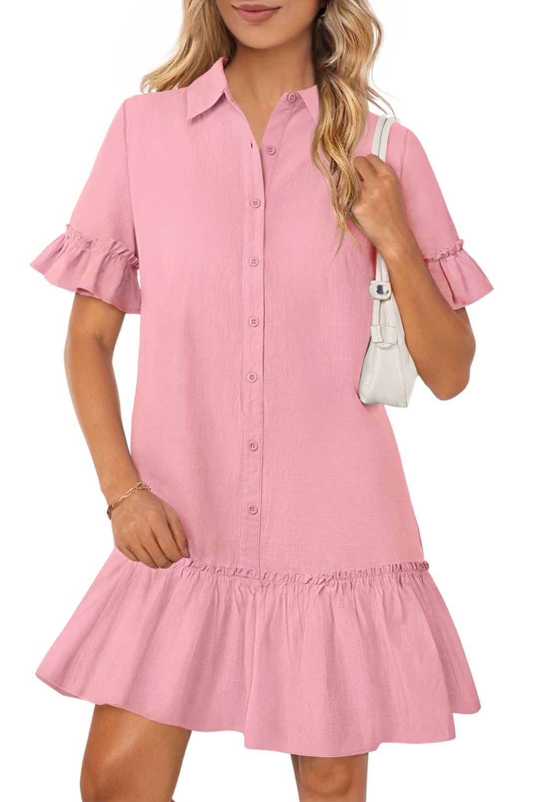 Foto 2 pulgar | Vestido Camisero Merokeety De Verano Con Botones Y Volantes Fucsia Para Mujer - Venta Internacional.