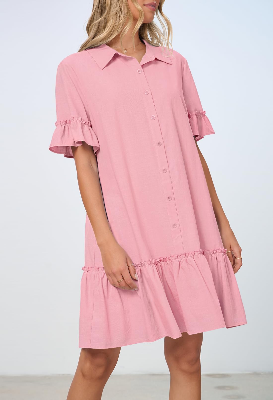 Foto 3 pulgar | Vestido Camisero Merokeety De Verano Con Botones Y Volantes Fucsia Para Mujer - Venta Internacional.