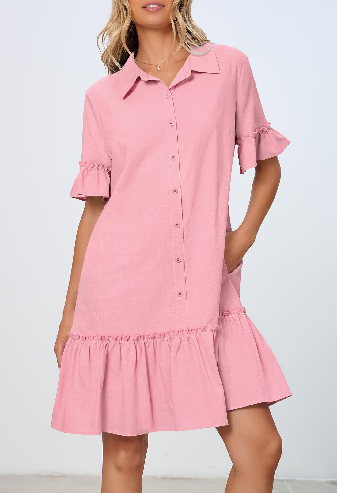 Foto 3 | Vestido Camisero Merokeety De Verano Con Botones Y Volantes Fucsia Para Mujer - Venta Internacional.