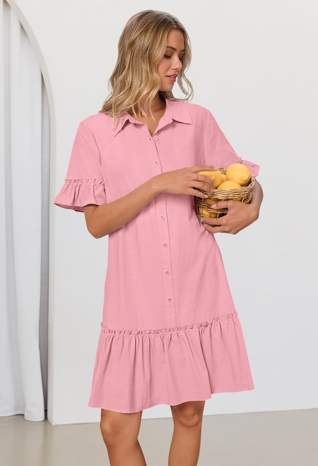 Foto 8 pulgar | Vestido Camisero Merokeety De Verano Con Botones Y Volantes Fucsia Para Mujer - Venta Internacional.