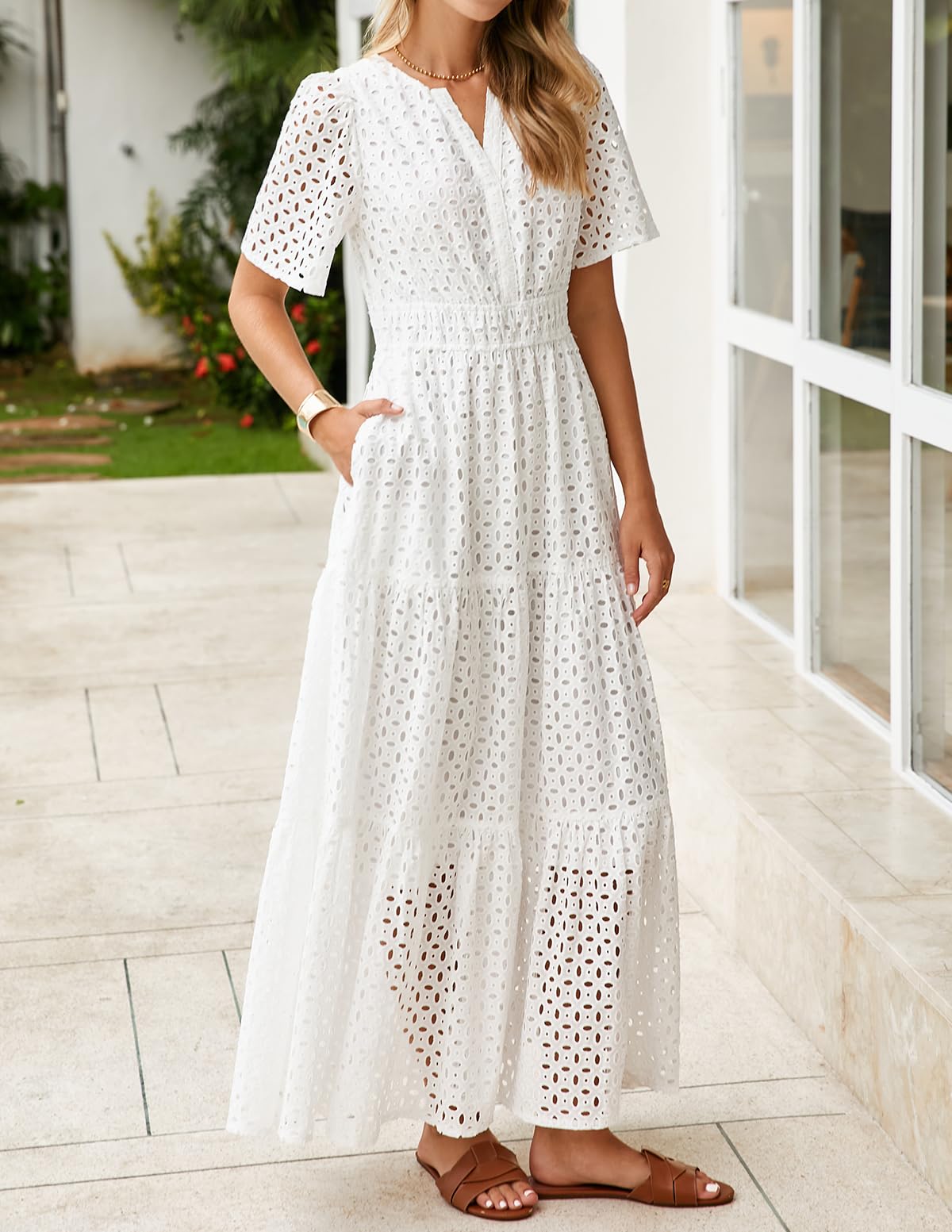 Foto 4 pulgar | Vestido Largo Zesica 2025 De Verano Con Manga Corta Y Cuello En V Para Mujer - Venta Internacional.