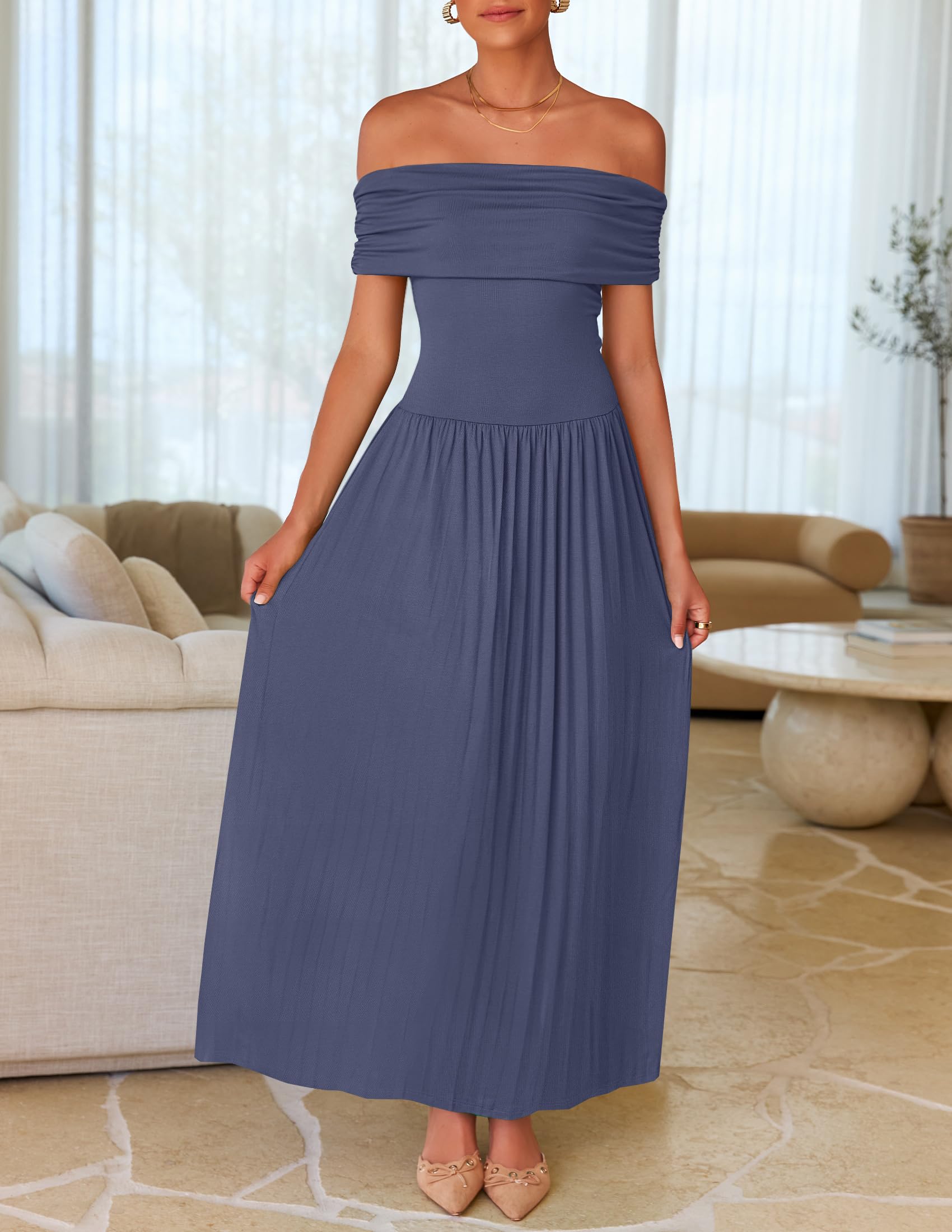 Foto 6 pulgar | Vestido Largo Zesica Con Hombros Descubiertos Para Verano 2025 Para Mujer - Venta Internacional.