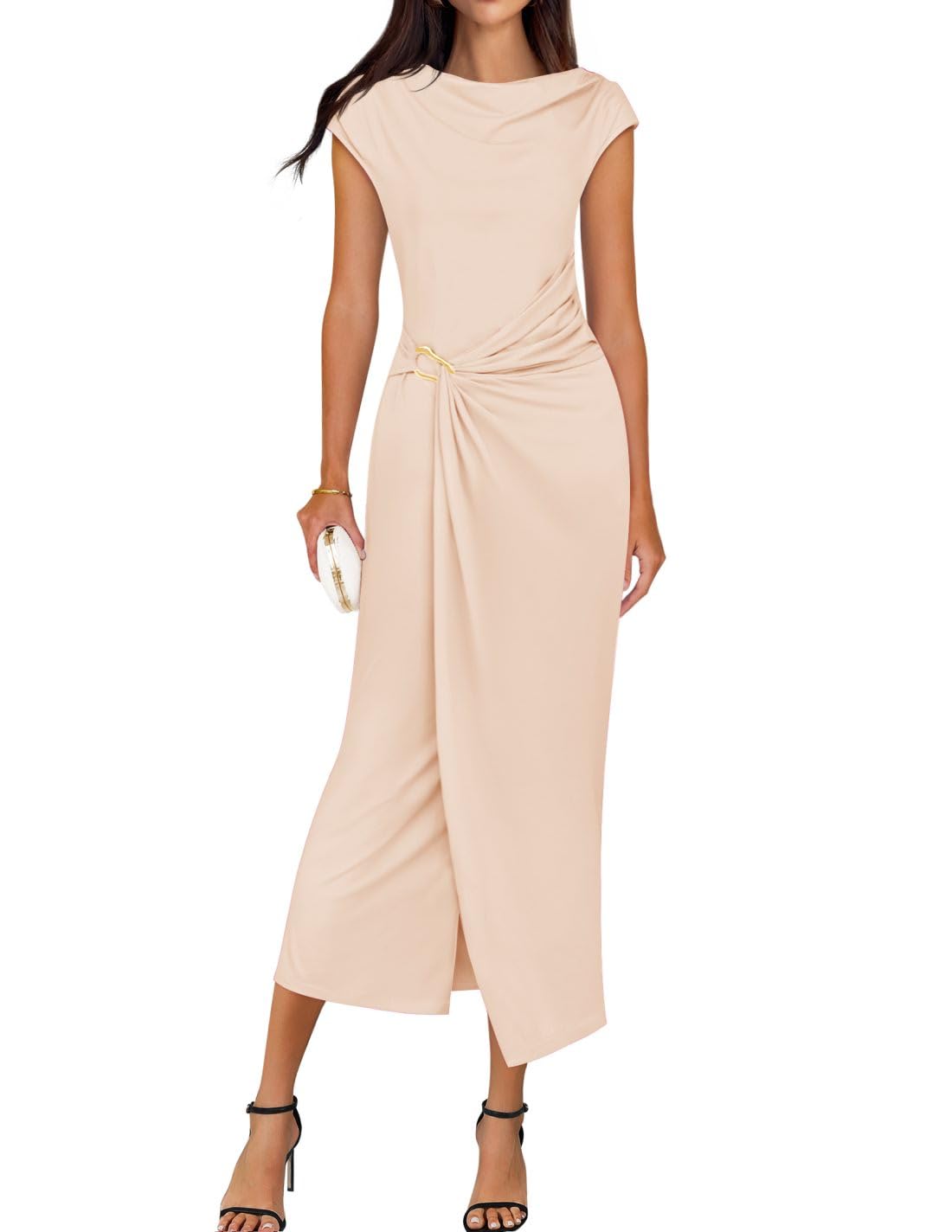 Foto 2 pulgar | Vestido Zesica 2025 De Verano Para Mujer, Cuello Alto, Ajustado, Color Albaricoque - Venta Internacional.