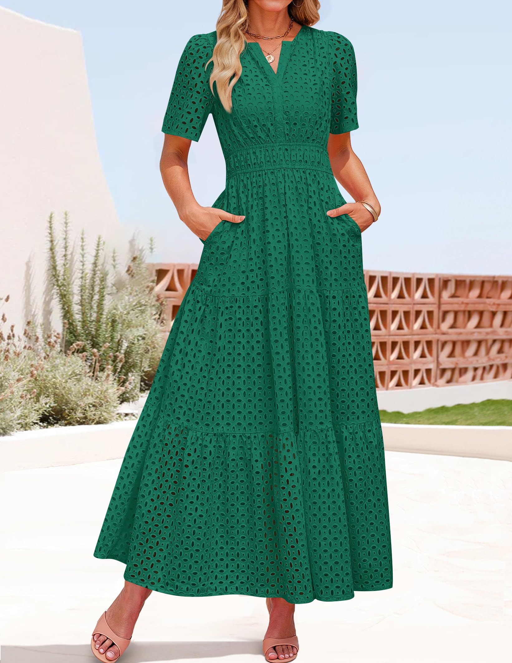 Foto 4 pulgar | Vestido Largo Zesica 2025 De Verano Con Manga Corta Y Cuello En V Para Mujer - Venta Internacional.