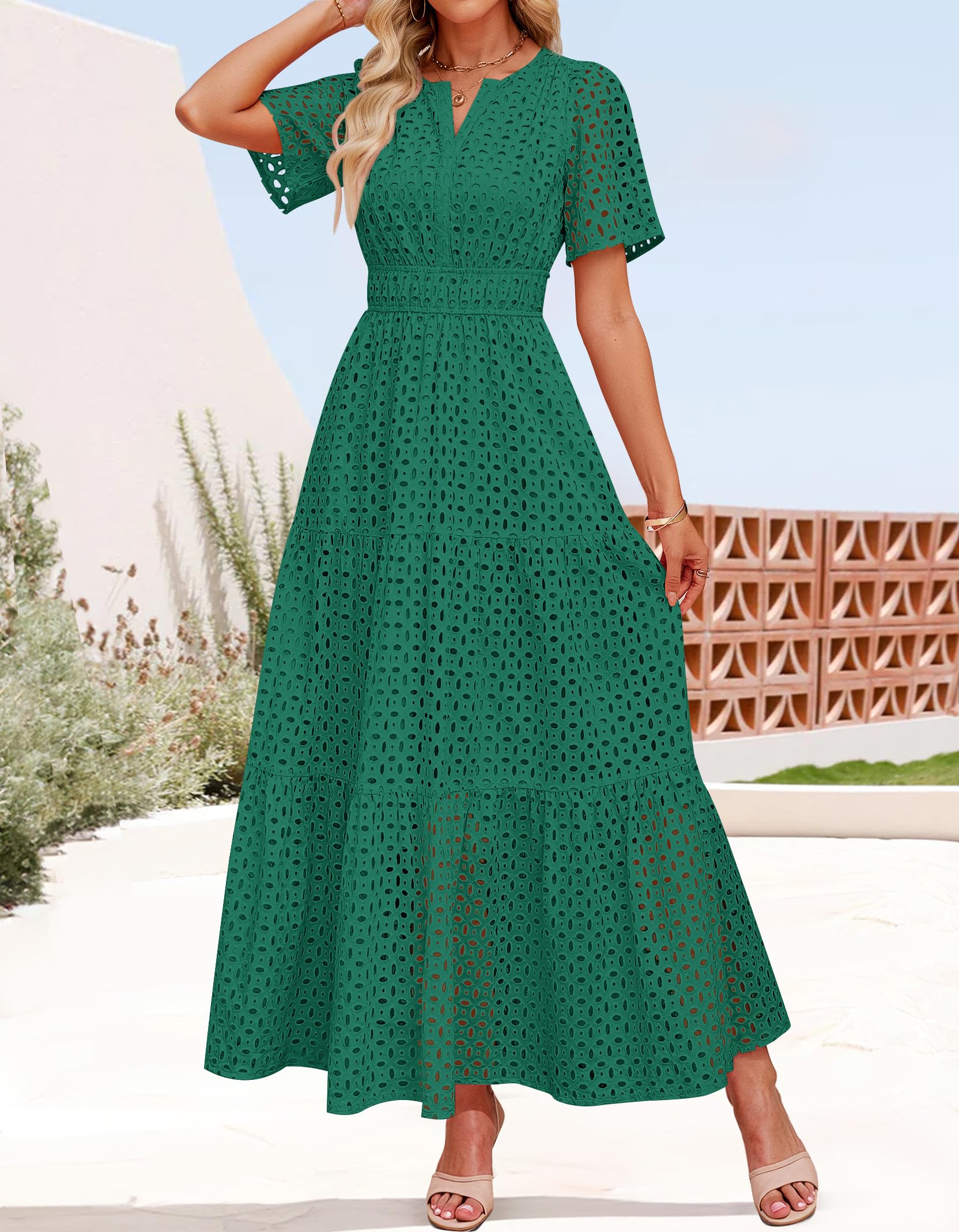 Foto 5 pulgar | Vestido Largo Zesica 2025 De Verano Con Manga Corta Y Cuello En V Para Mujer - Venta Internacional.