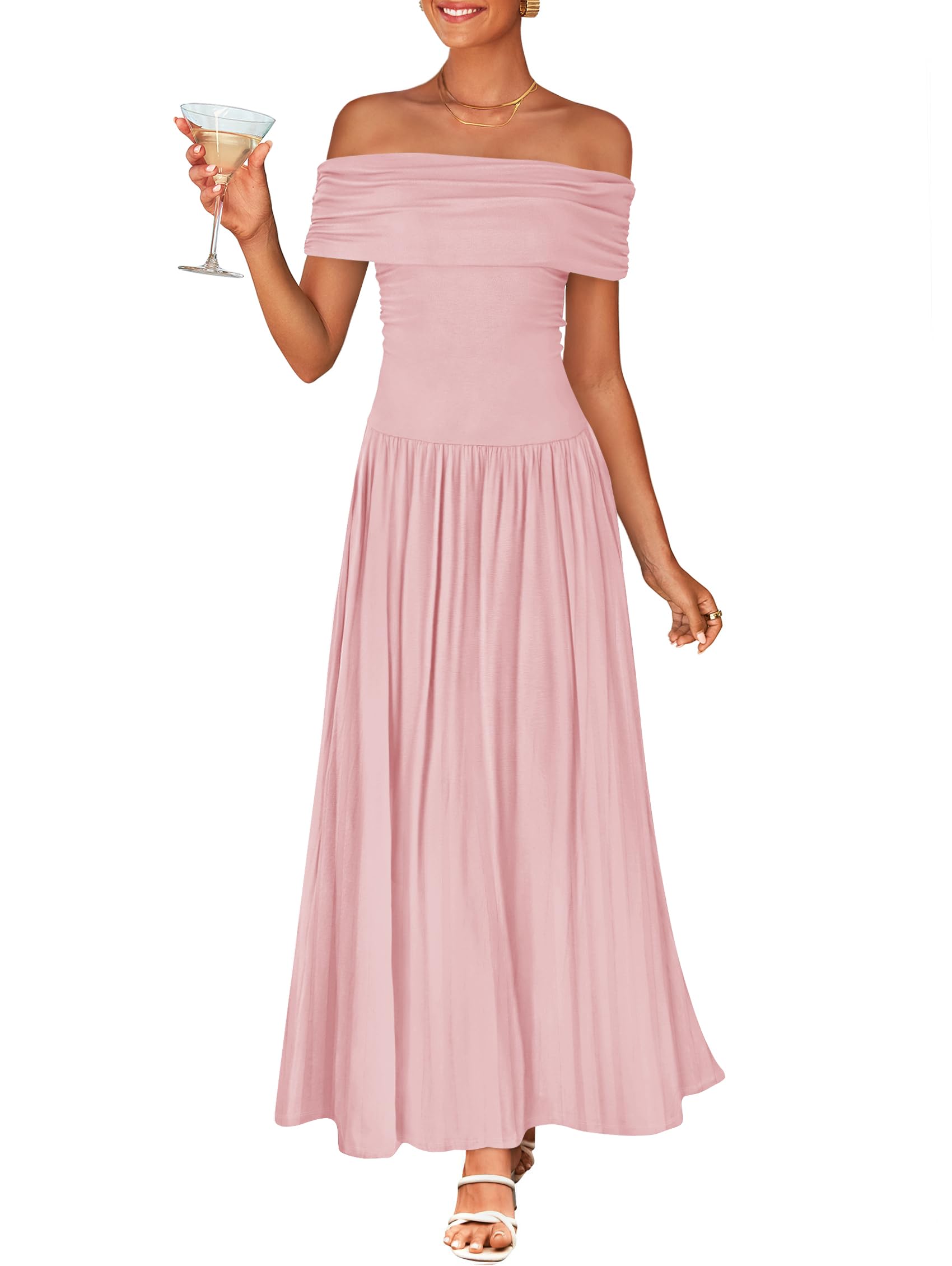 Foto 2 pulgar | Vestido Largo Zesica 2025 De Verano Con Hombros Descubiertos, Rosa Para Mujer - Venta Internacional.