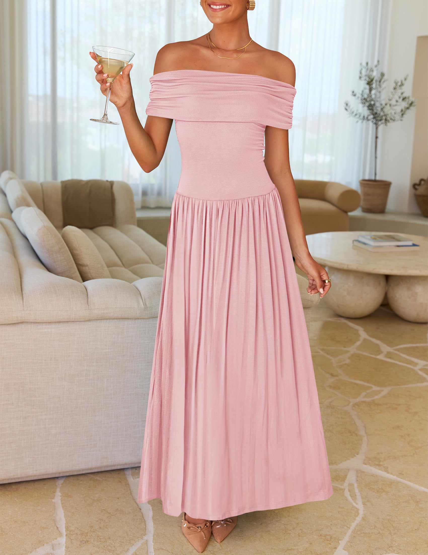 Foto 3 pulgar | Vestido Largo Zesica 2025 De Verano Con Hombros Descubiertos, Rosa Para Mujer - Venta Internacional.
