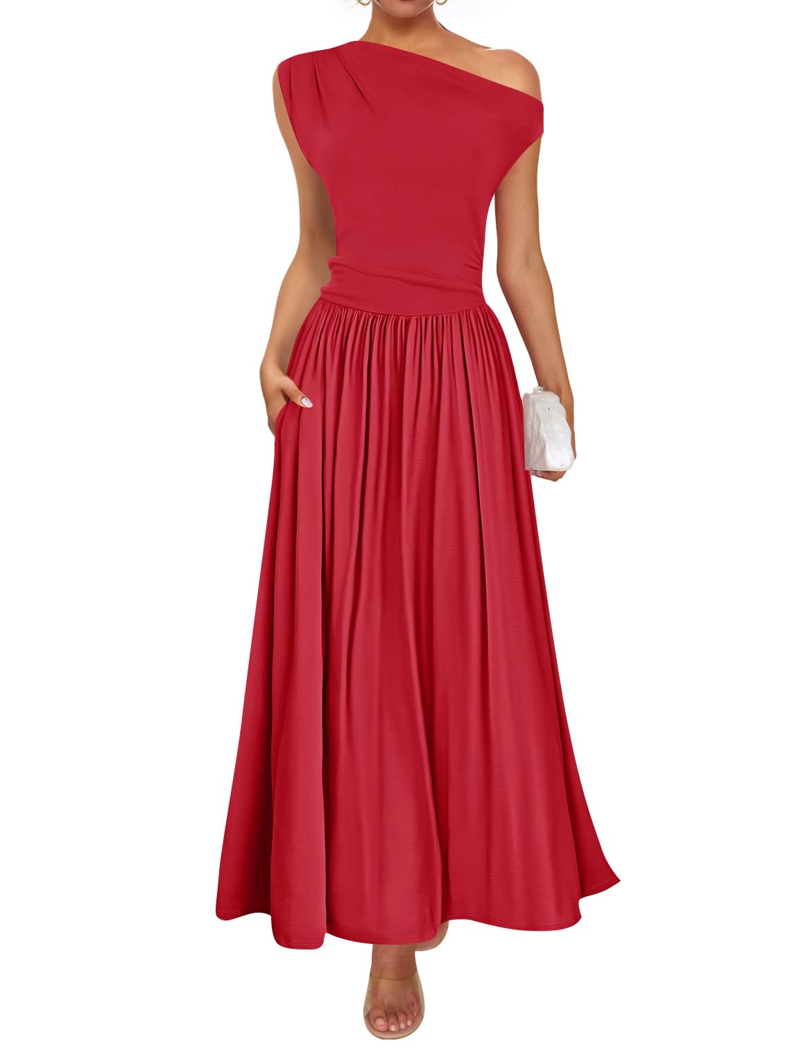 Foto 1 | Vestido Largo Zesica Summer 2025 Con Un Solo Hombro Rojo Para Mujer - Venta Internacional.