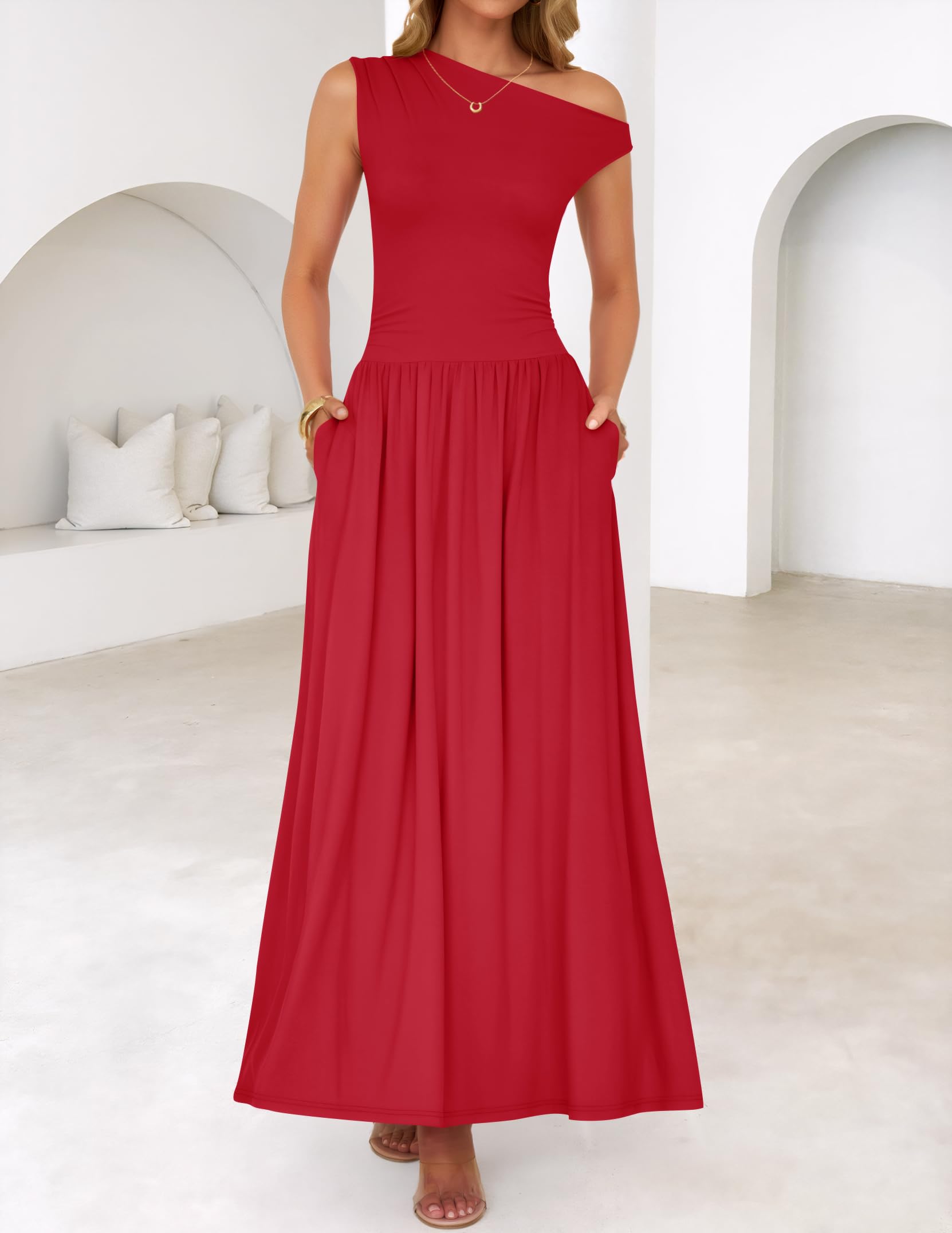 Foto 4 pulgar | Vestido Largo Zesica Summer 2025 Con Un Solo Hombro Rojo Para Mujer - Venta Internacional.