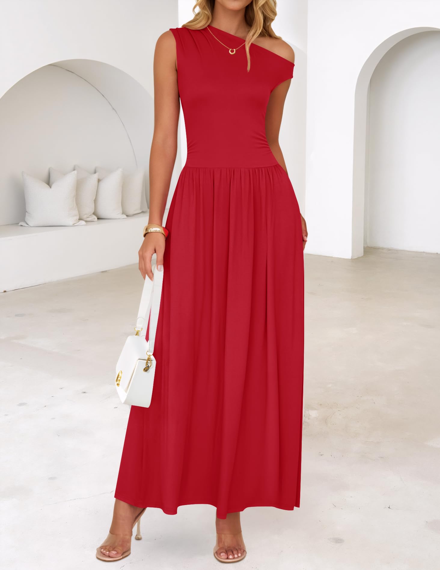 Foto 5 pulgar | Vestido Largo Zesica Summer 2025 Con Un Solo Hombro Rojo Para Mujer - Venta Internacional.