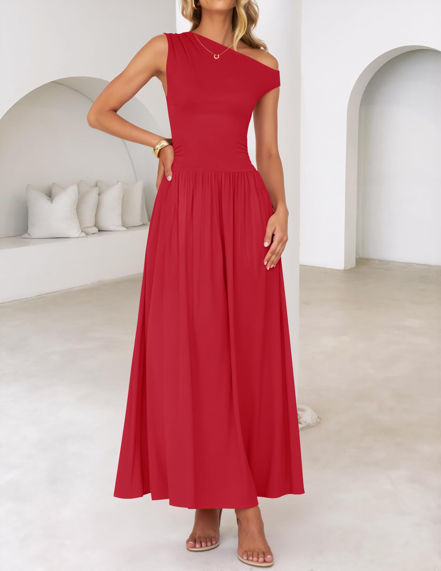Foto 8 pulgar | Vestido Largo Zesica Summer 2025 Con Un Solo Hombro Rojo Para Mujer - Venta Internacional.