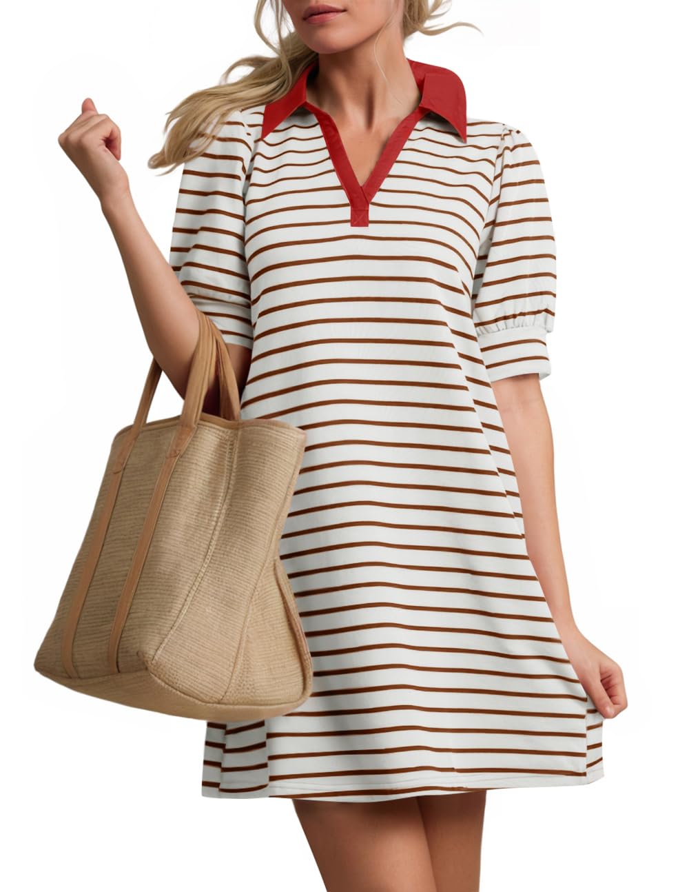 Foto 2 pulgar | Vestido Zesica Minivestido Casual De Verano A Rayas Con Cuello En V, Color Caqui - Venta Internacional.