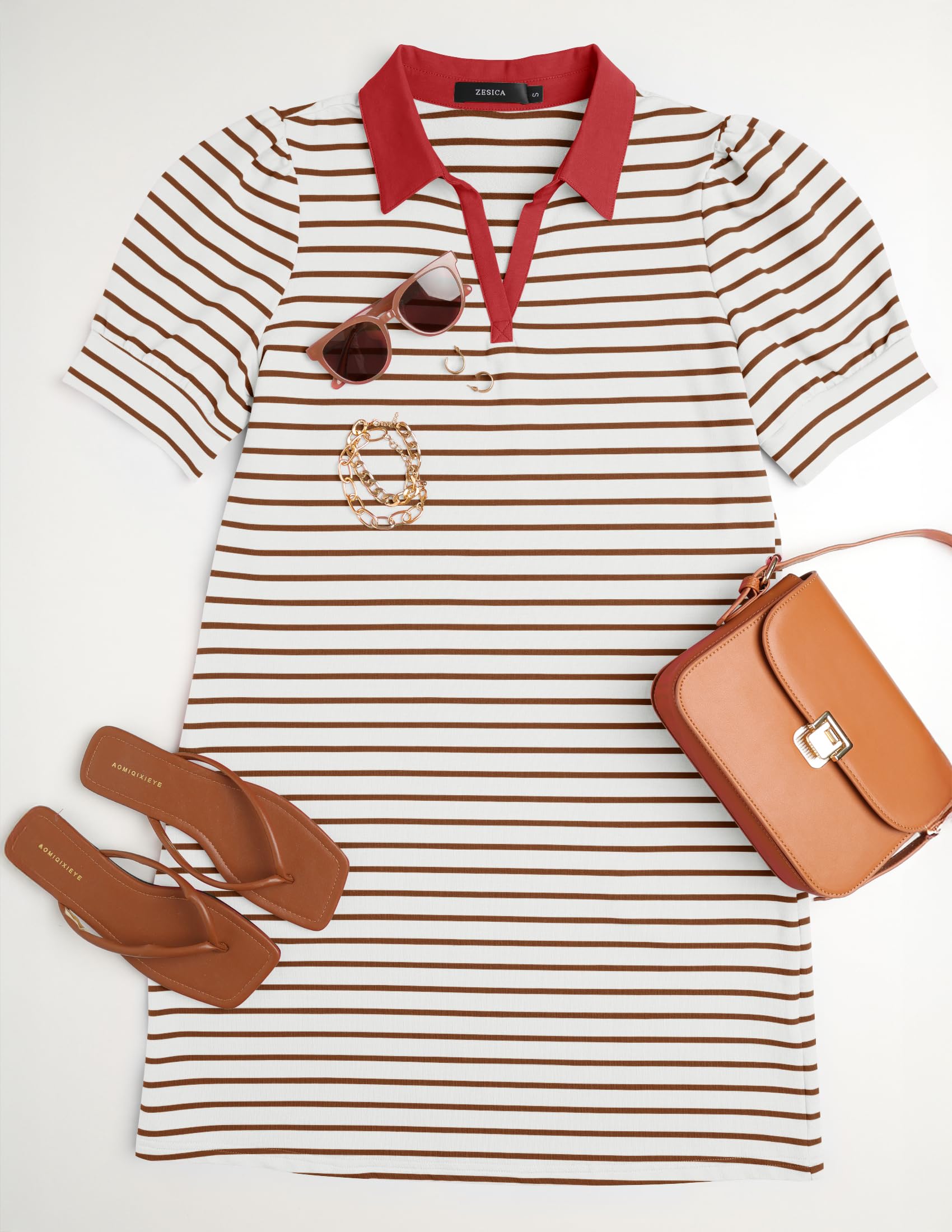 Foto 6 | Vestido Zesica Minivestido Casual De Verano A Rayas Con Cuello En V, Color Caqui - Venta Internacional.