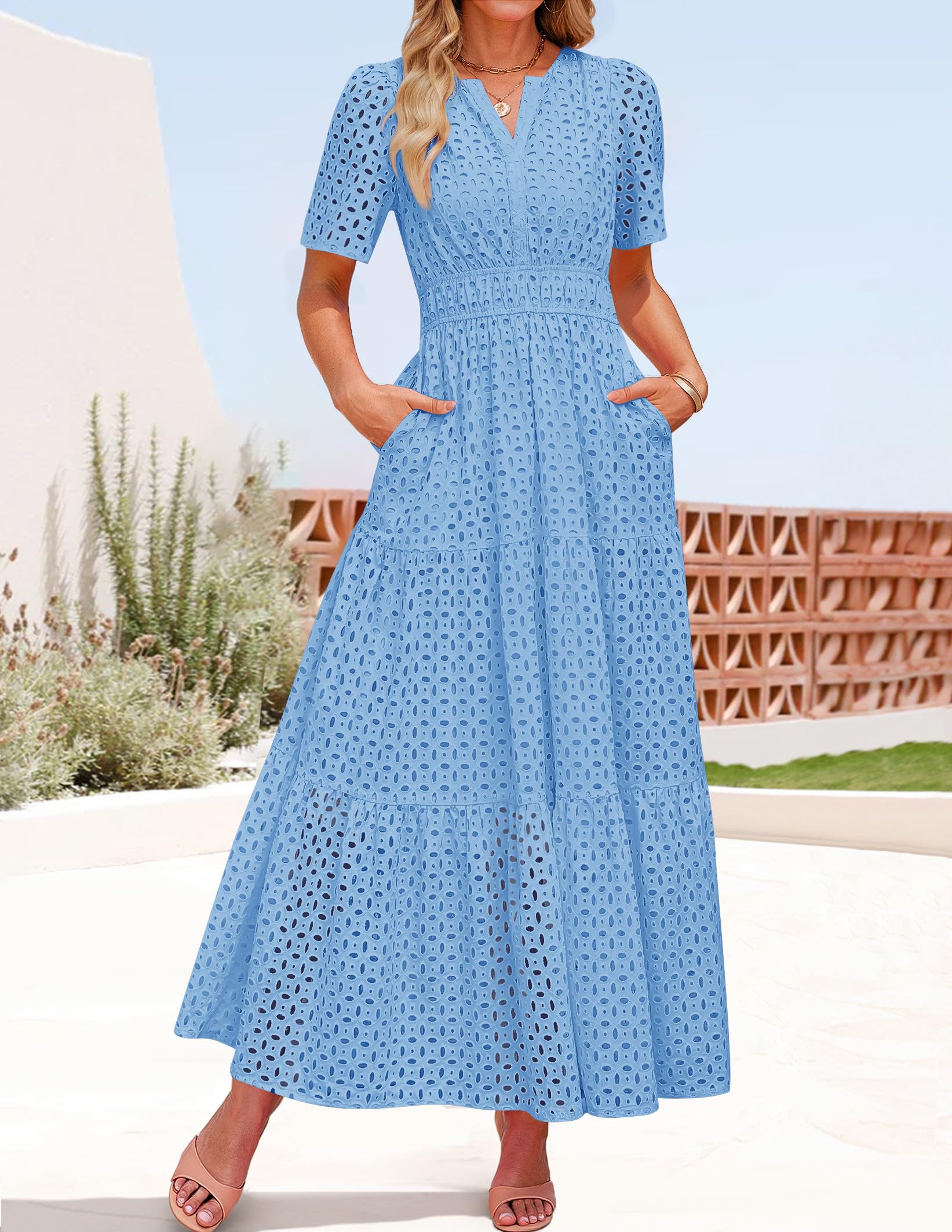 Foto 4 pulgar | Vestido Largo Zesica 2025 De Verano Con Manga Corta Y Cuello En V Para Mujer - Venta Internacional.