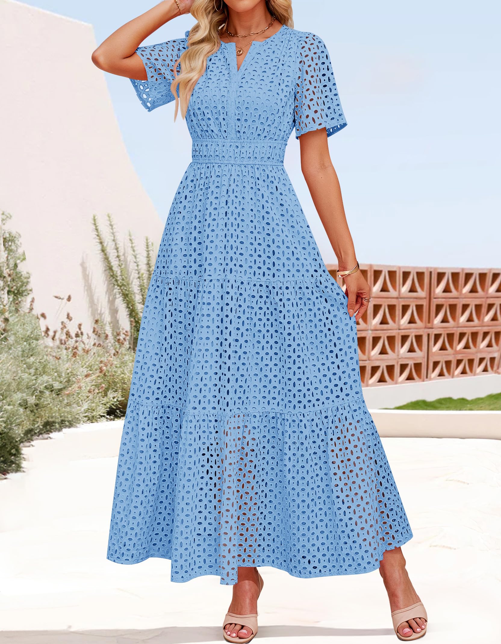 Foto 5 pulgar | Vestido Largo Zesica 2025 De Verano Con Manga Corta Y Cuello En V Para Mujer - Venta Internacional.