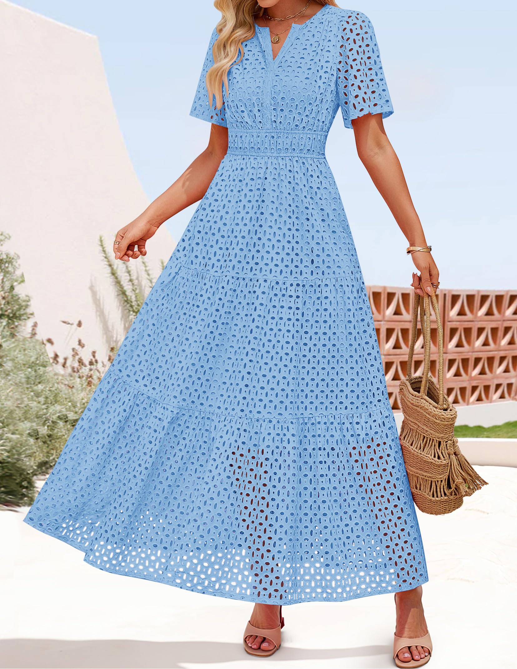 Foto 8 pulgar | Vestido Largo Zesica 2025 De Verano Con Manga Corta Y Cuello En V Para Mujer - Venta Internacional.