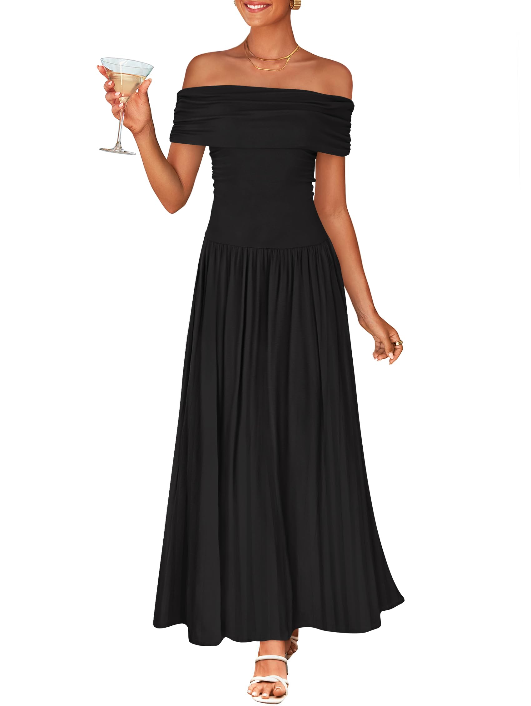 Vestido Largo Zesica 2025 Con Hombros Descubiertos, Verano, Sin Mangas, Negro - Venta Internacional.