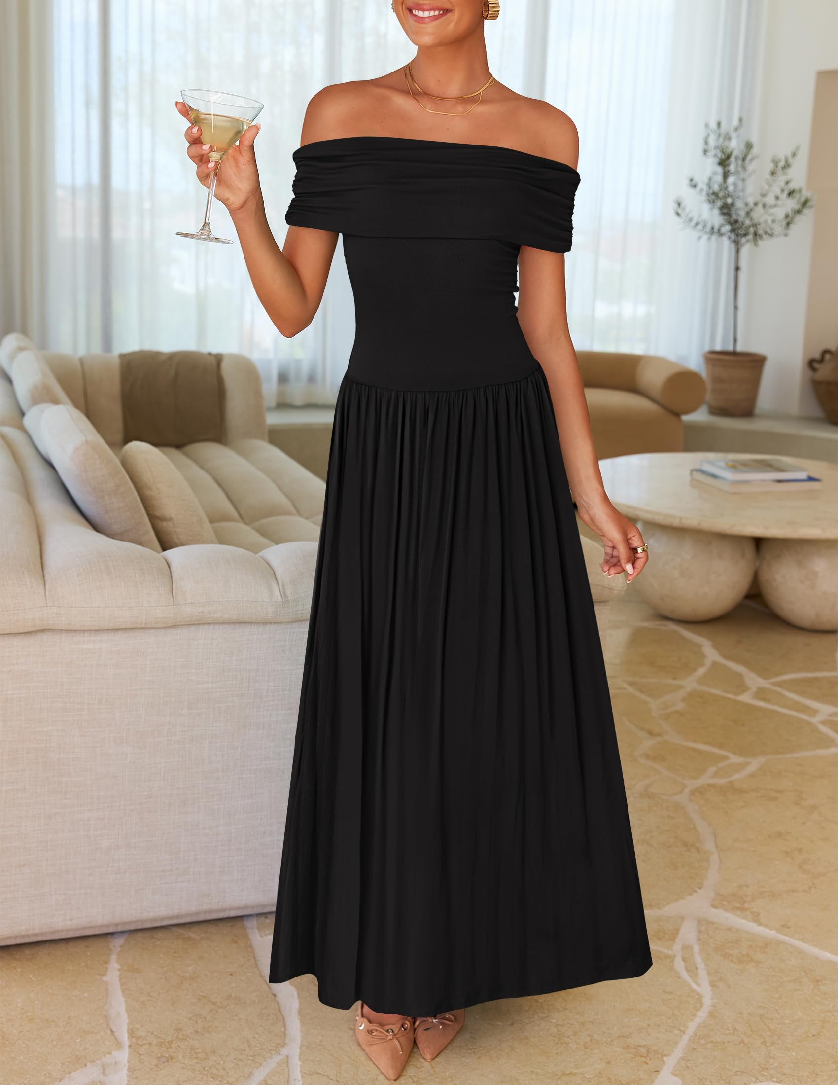 Foto 2 | Vestido Largo Zesica 2025 Con Hombros Descubiertos, Verano, Sin Mangas, Negro - Venta Internacional.